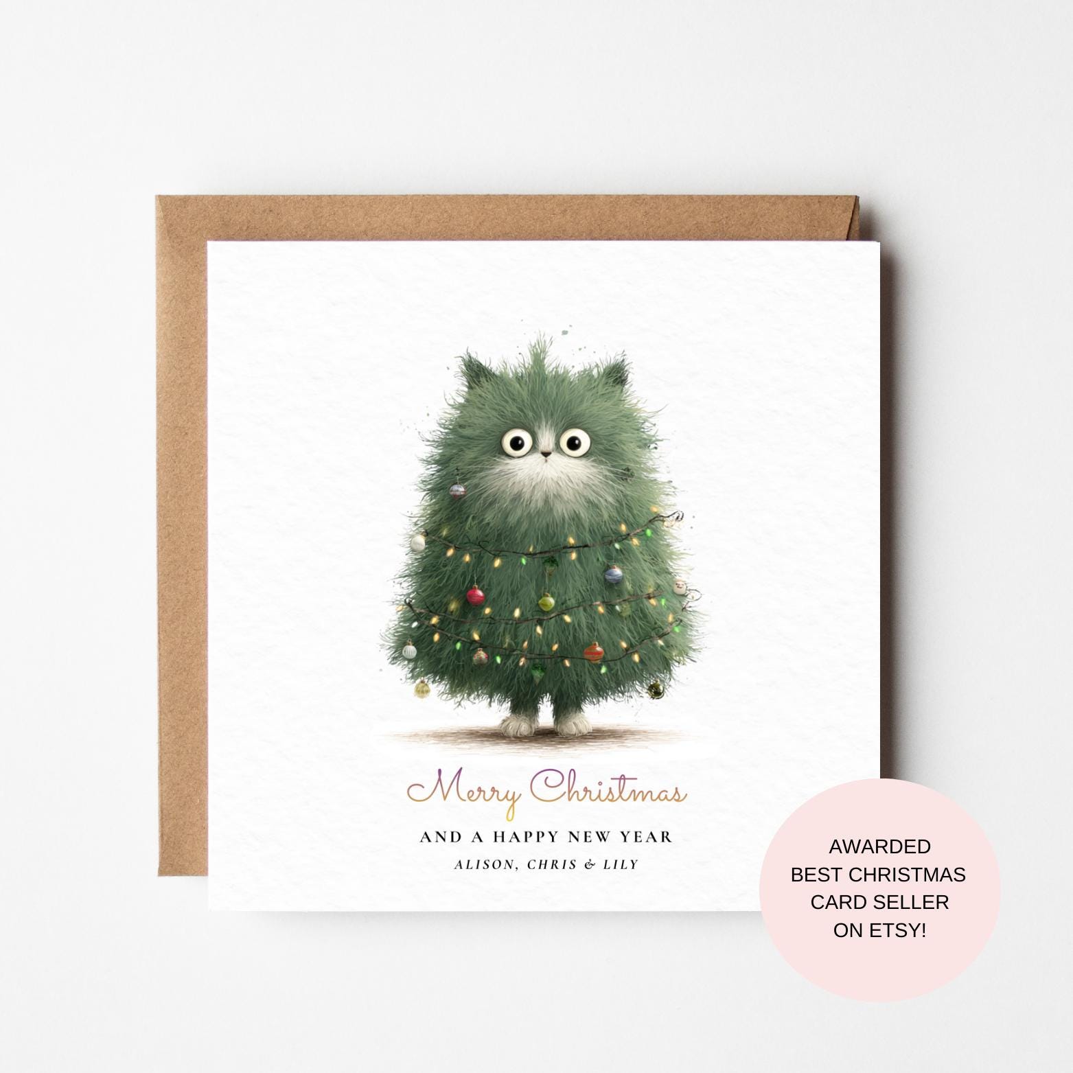 Christmas Cat Card: Whimsical Cat Tree Illustration - Festive Humor
