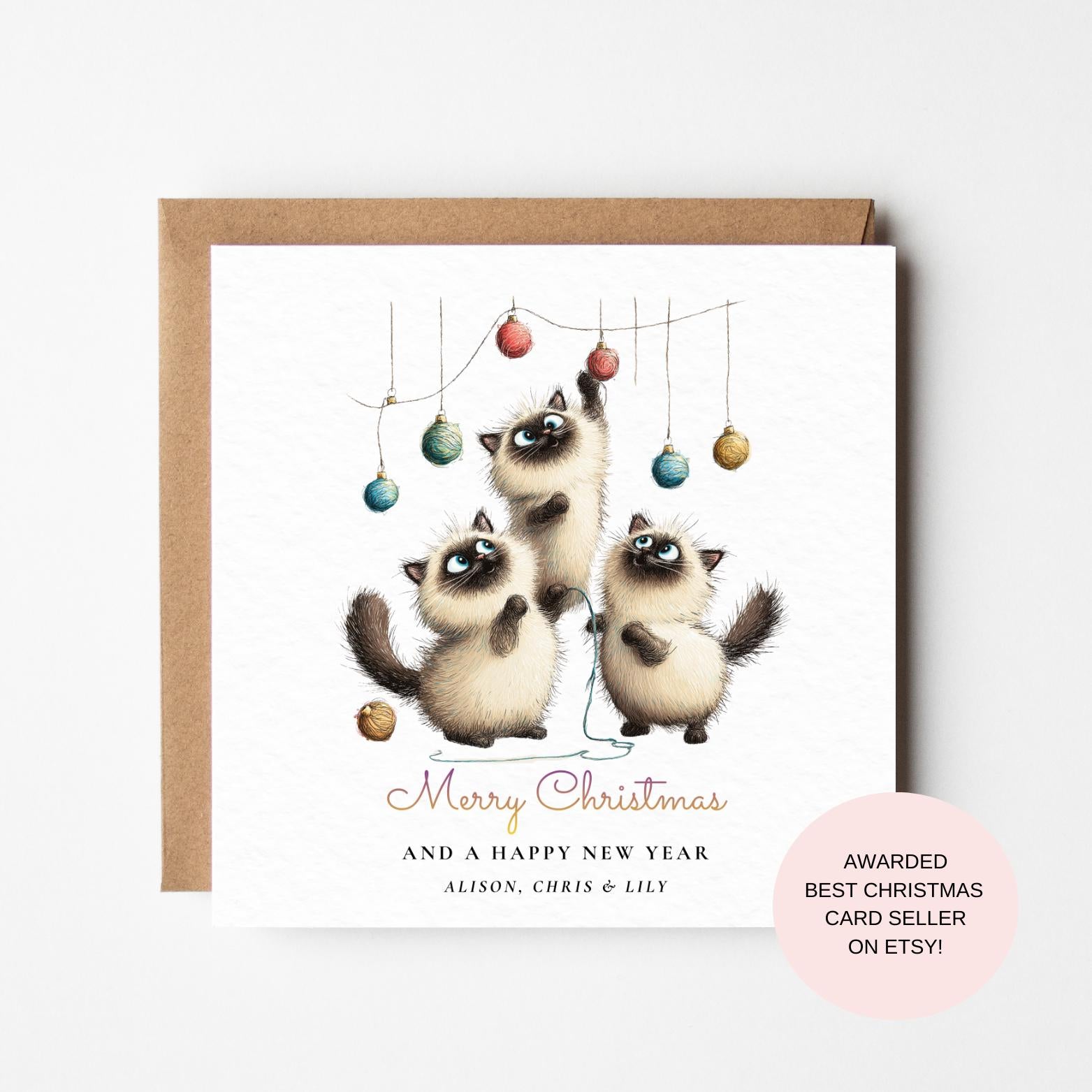 Christmas Card: Siamese Cats Playing with Baubles (Set of One)