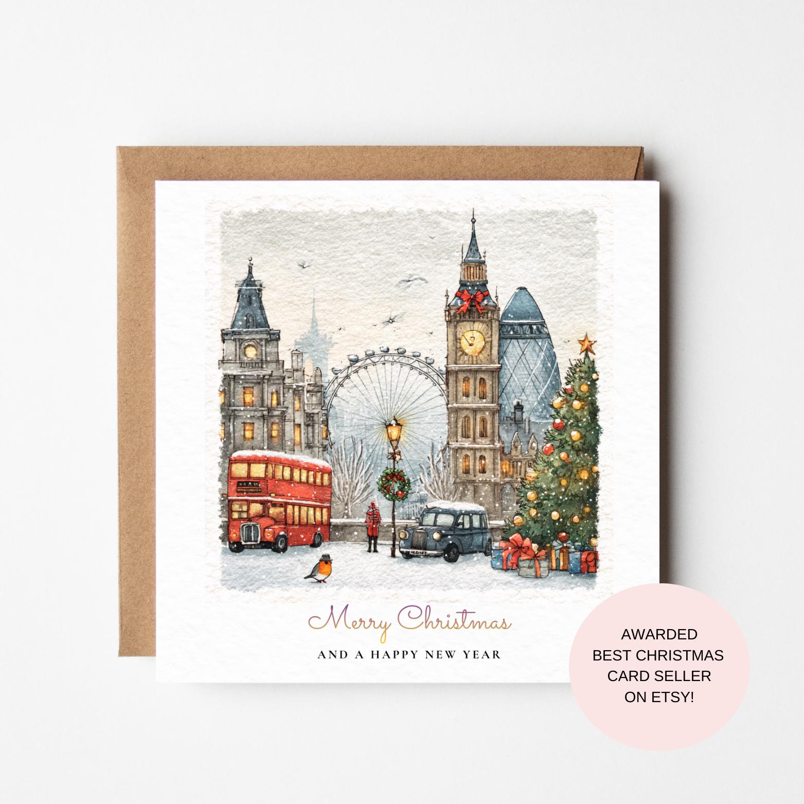 London Christmas Card, Big Ben and Red Bus Winter Scene