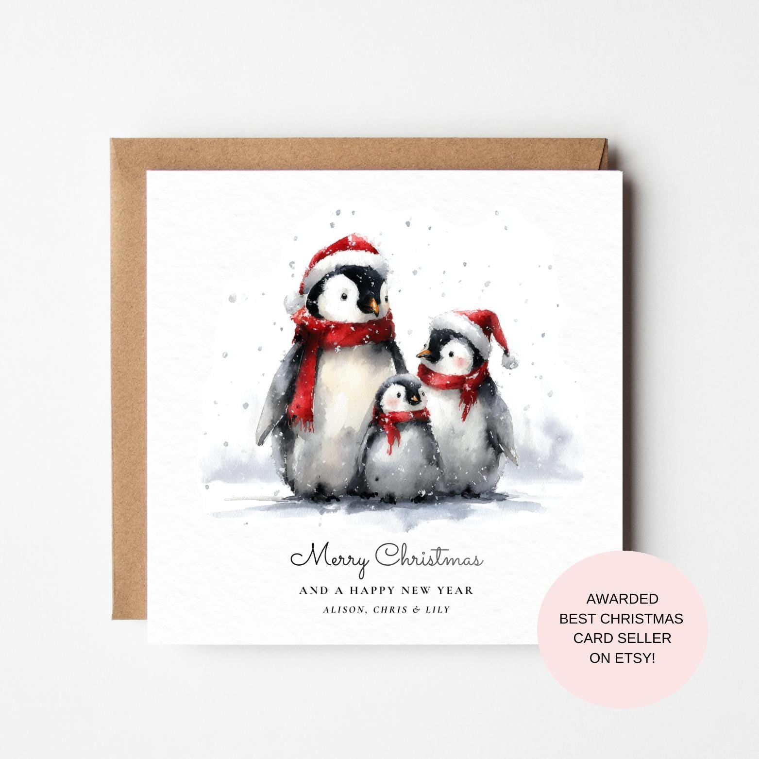 Penguin Family Christmas Card: Cute Winter Penguins in Santa Hats