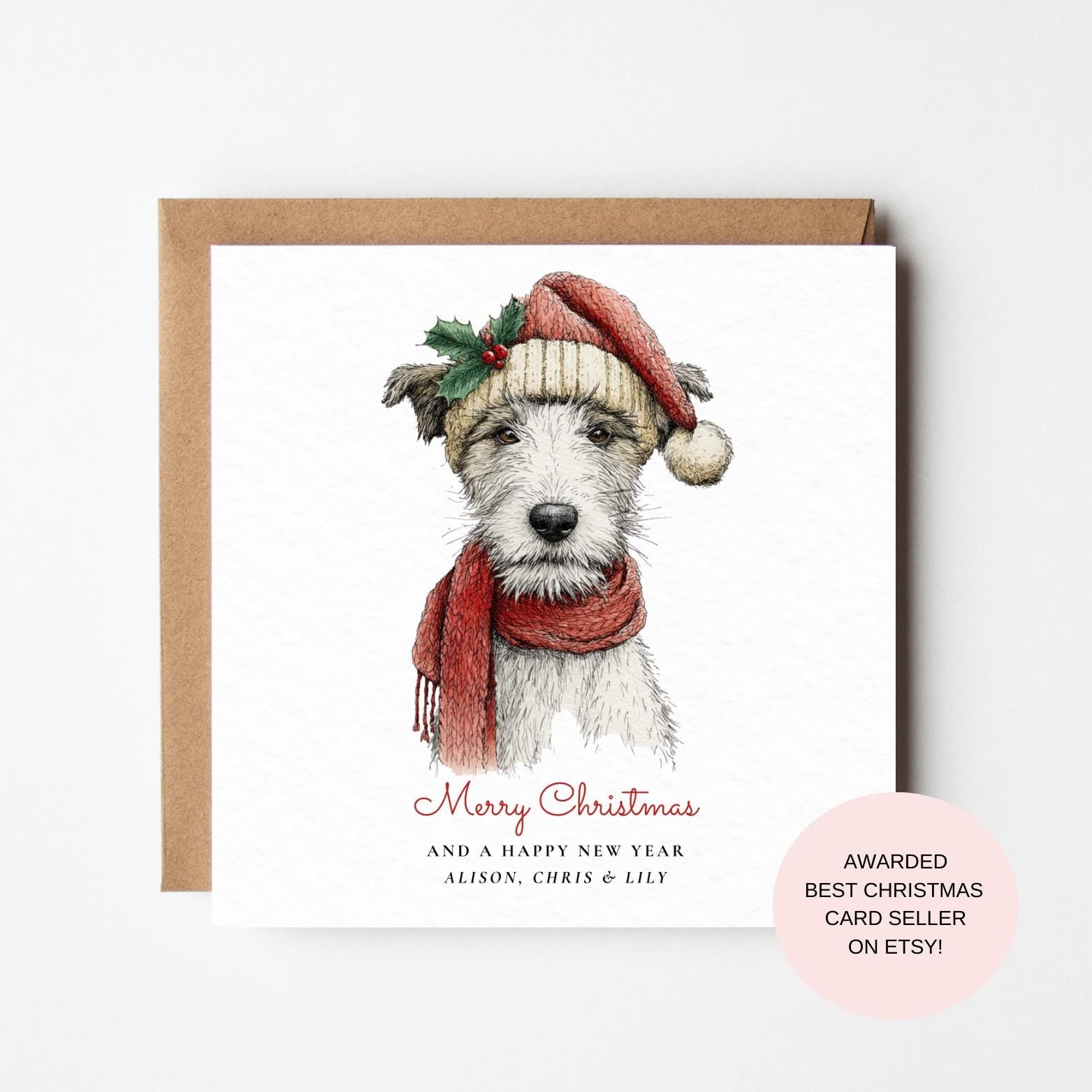 Festive Terrier Dog Christmas Card: Santa Hat and Scarf Design