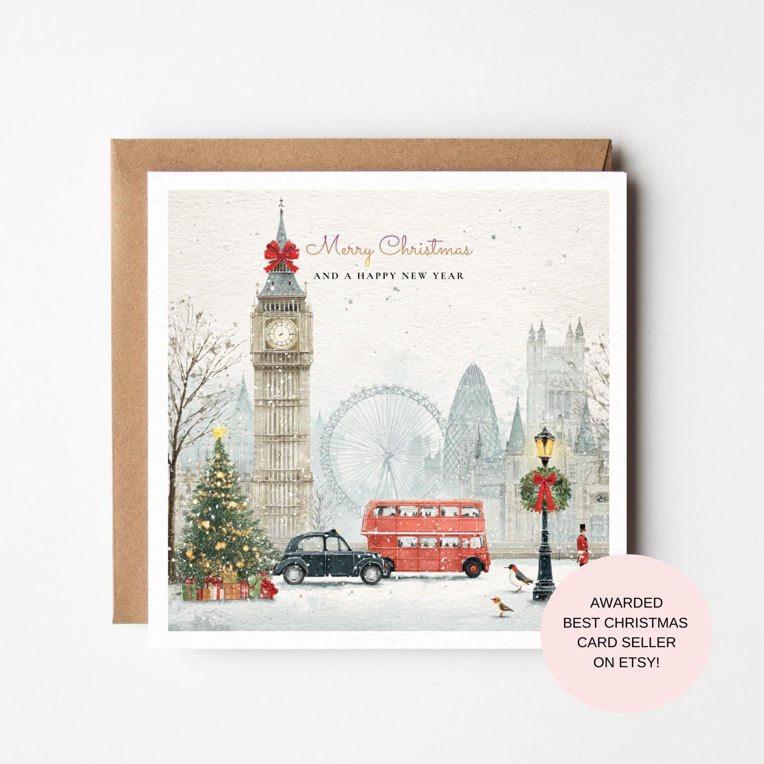 London Holiday Card: Snowy Street Scene (Bus, Taxi & Skyline)