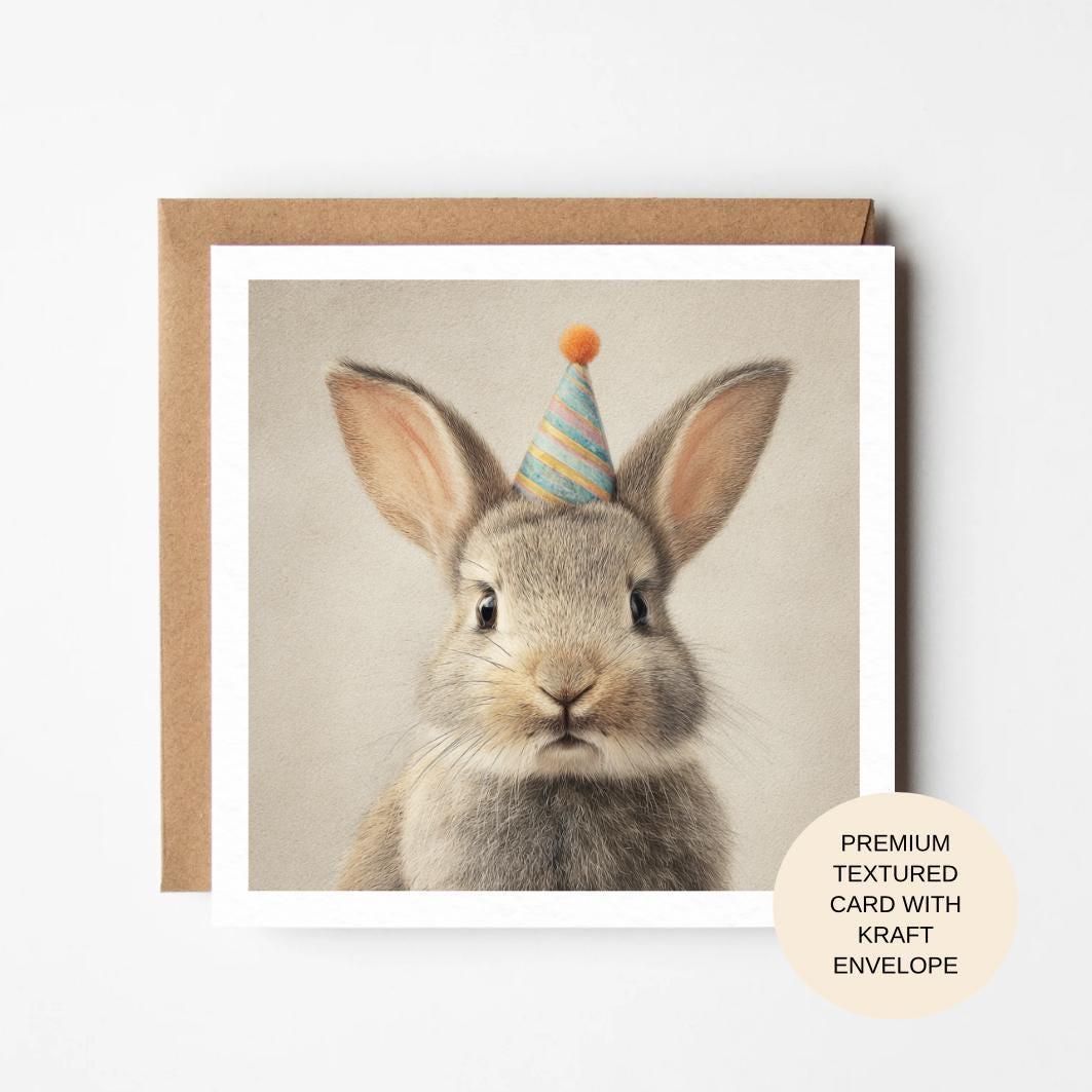 Rabbit Birthday Card: Bunny with birthday party hat