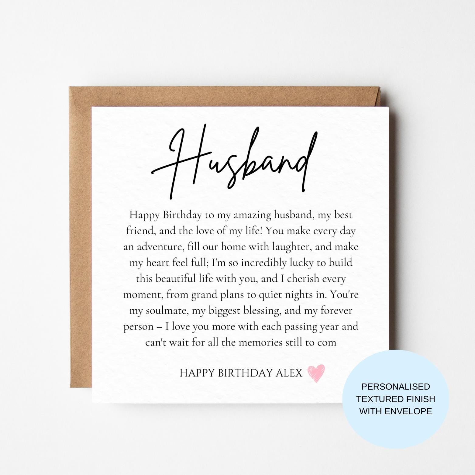 Personalised Husband Birthday Card | Heartfelt Long Message | Minimal Script Husband Card | Custom Name