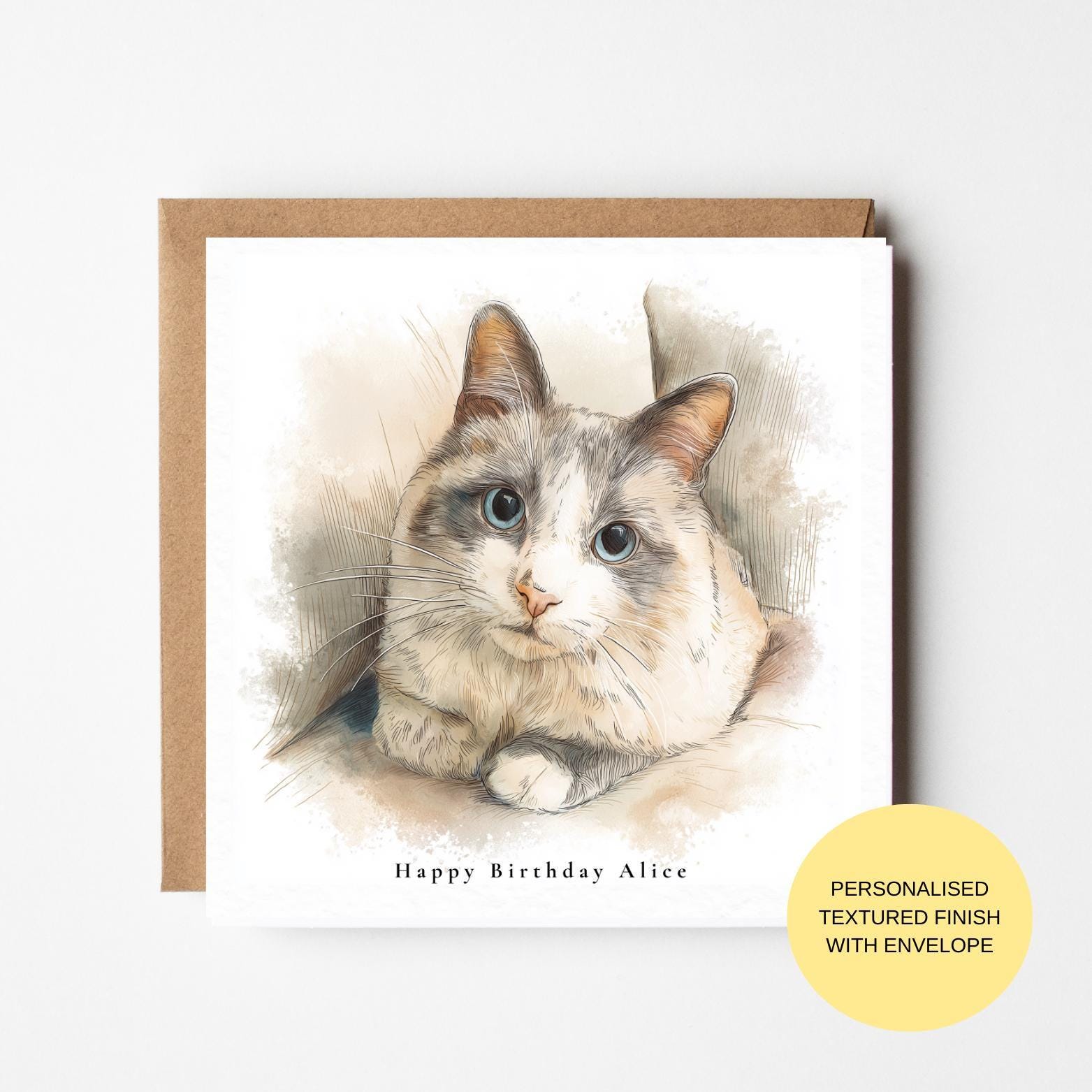 Watercolor Grey Cat Birthday Card - Soft Art on Textured Paper