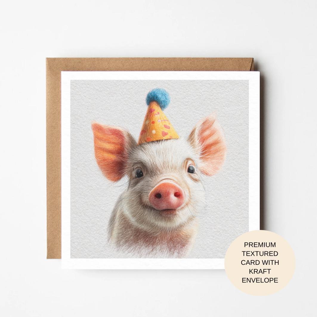 Pig Birthday Card with Party Hat | Premium Blank Animal Birthday Card for Her Mum Sister Friend