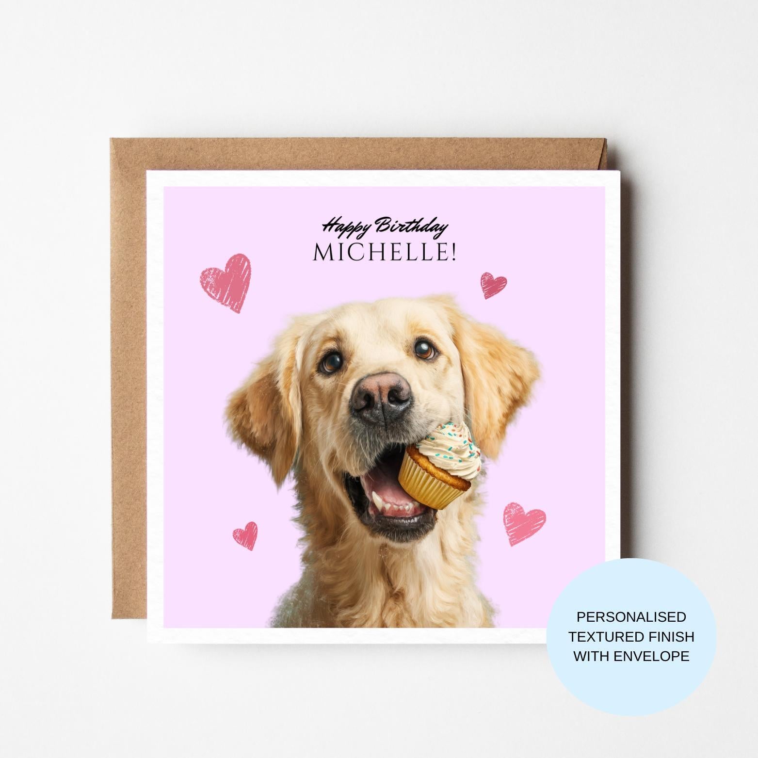 Personalised Golden Retriever Birthday Card | Dog With Cupcake | Happy Birthday Custom Name | Pink Hearts