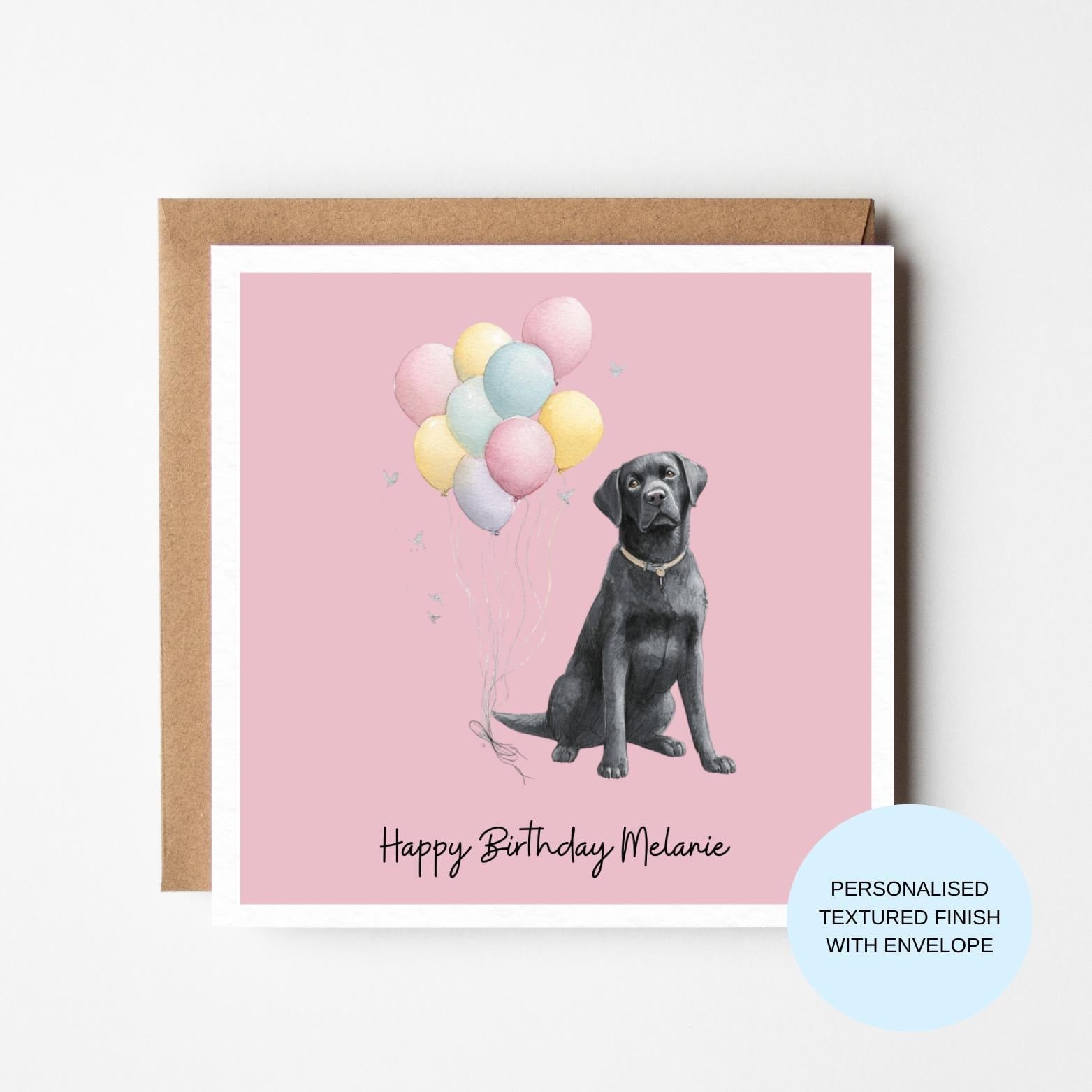 Personalised Dog Birthday Card | Black Dog with Balloons | Cute Birthday Card for Her