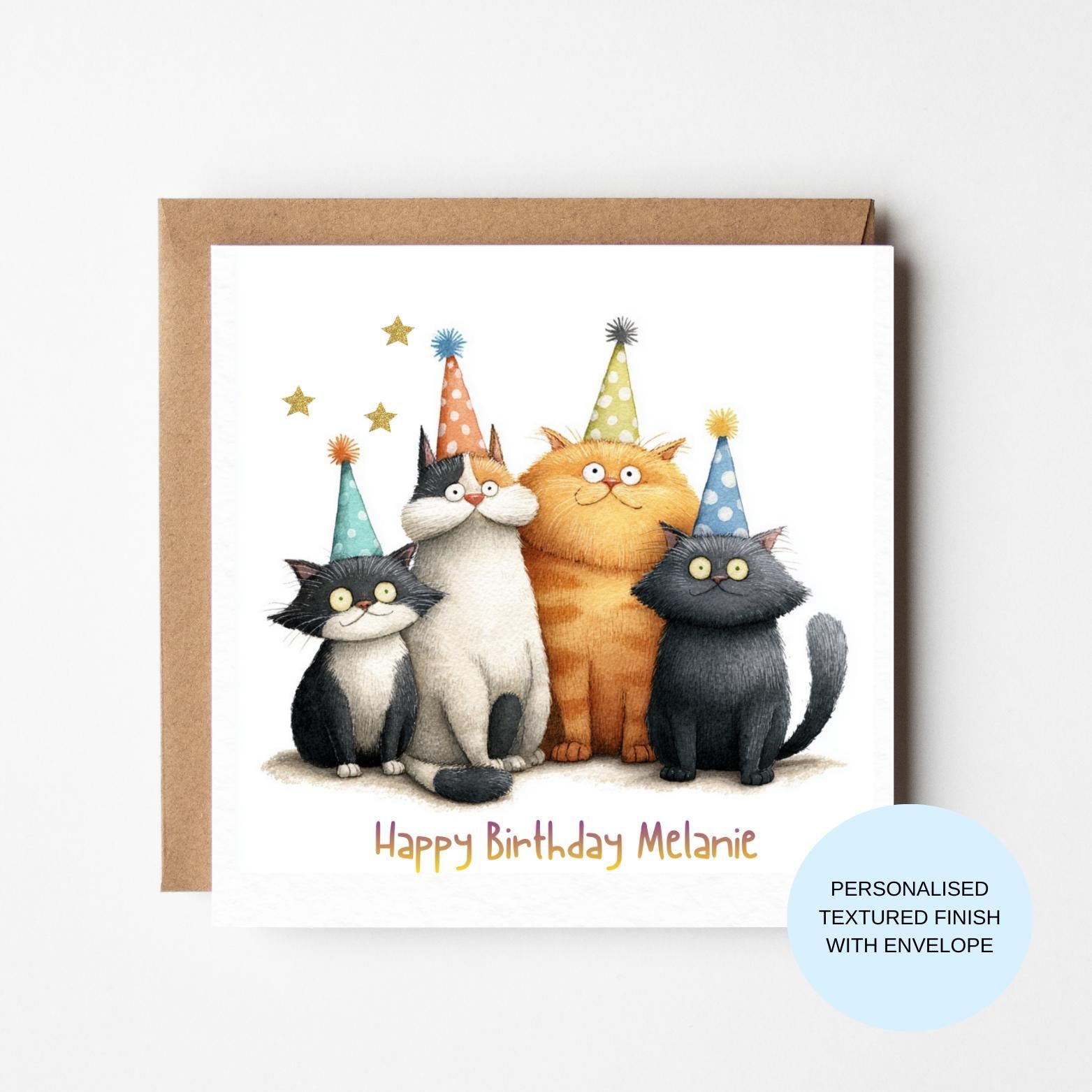Personalised Cat Birthday Card | Party Hat Cats | Cute Birthday Card for Her