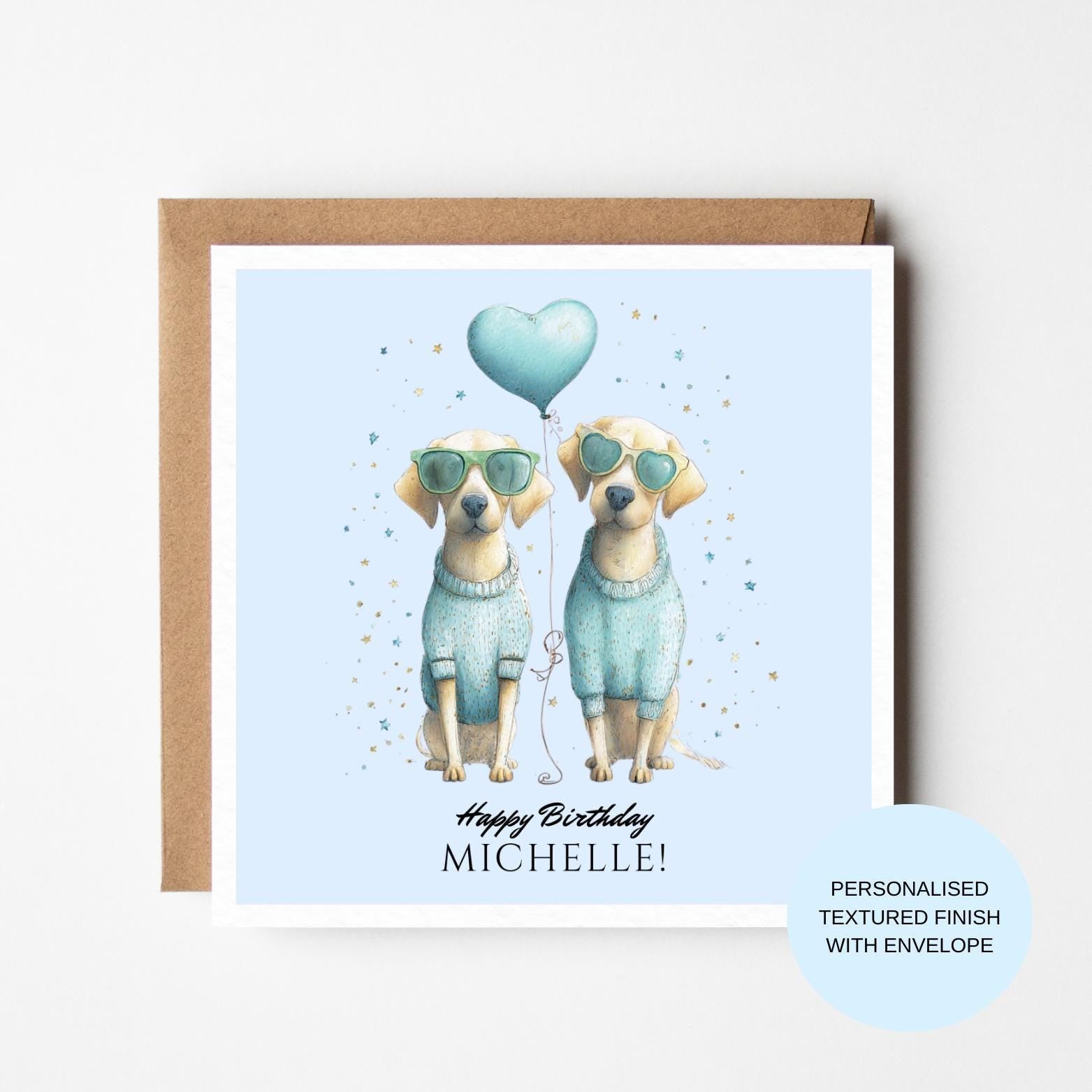 Personalised Dog Birthday Card | Two Dogs In Sunglasses + Heart Balloon | Happy Birthday Custom Name Card