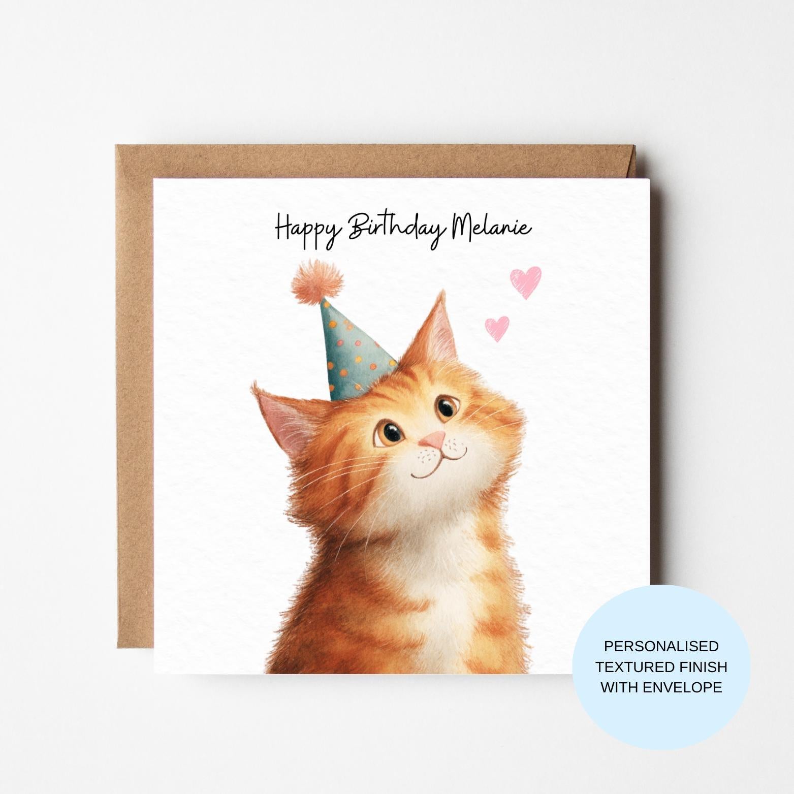 Personalised Cat Birthday Card | Ginger Cat Party Hat & Hearts | Birthday Card for Her