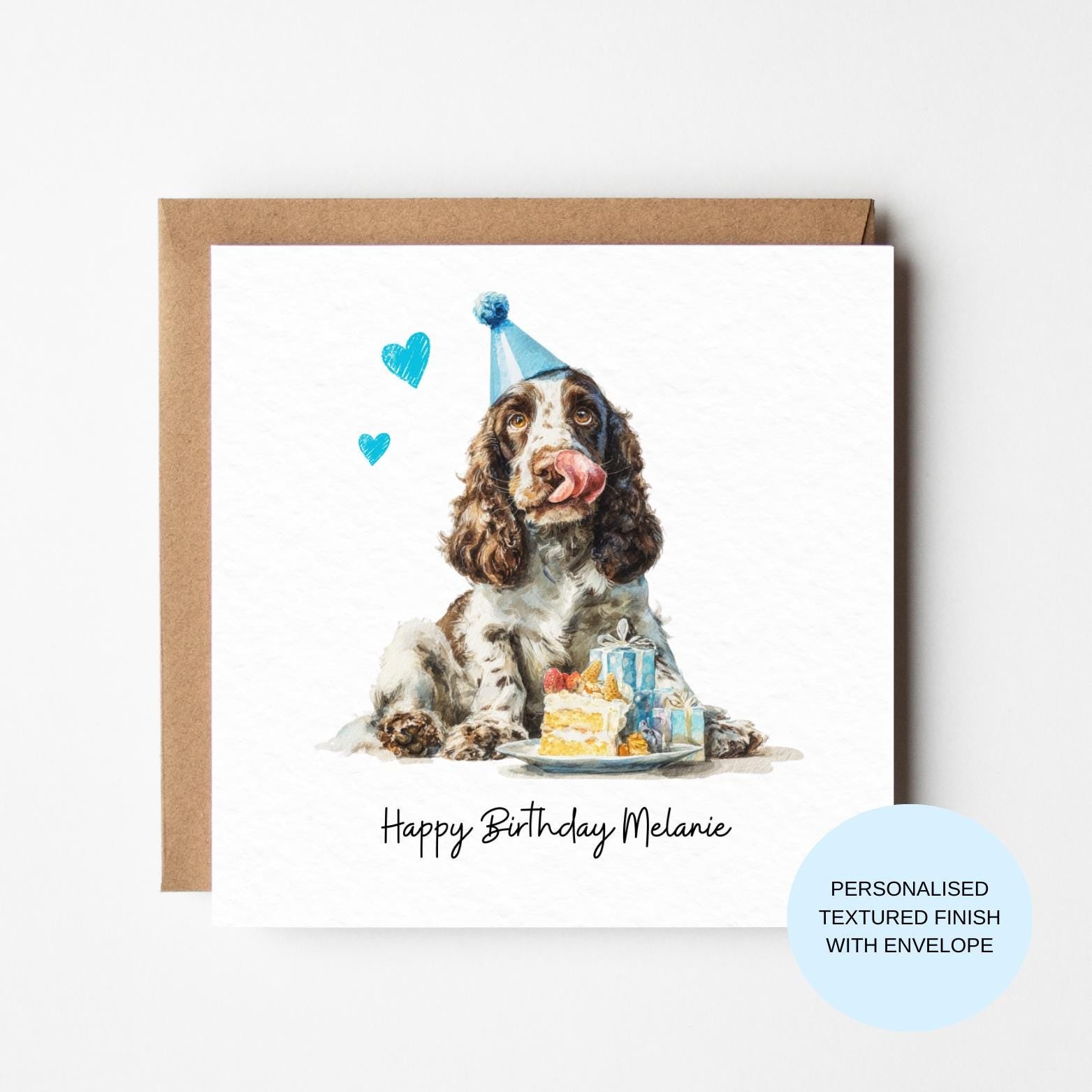 Personalised Dog Birthday Card | Spaniel in Party Hat & Hearts | Birthday Card for Her