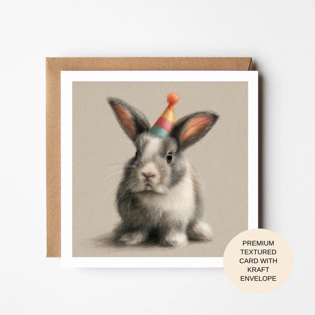 Grey Bunny Birthday Card with Party Hat | Premium Blank Animal Birthday Card for Her Mum Sister Friend