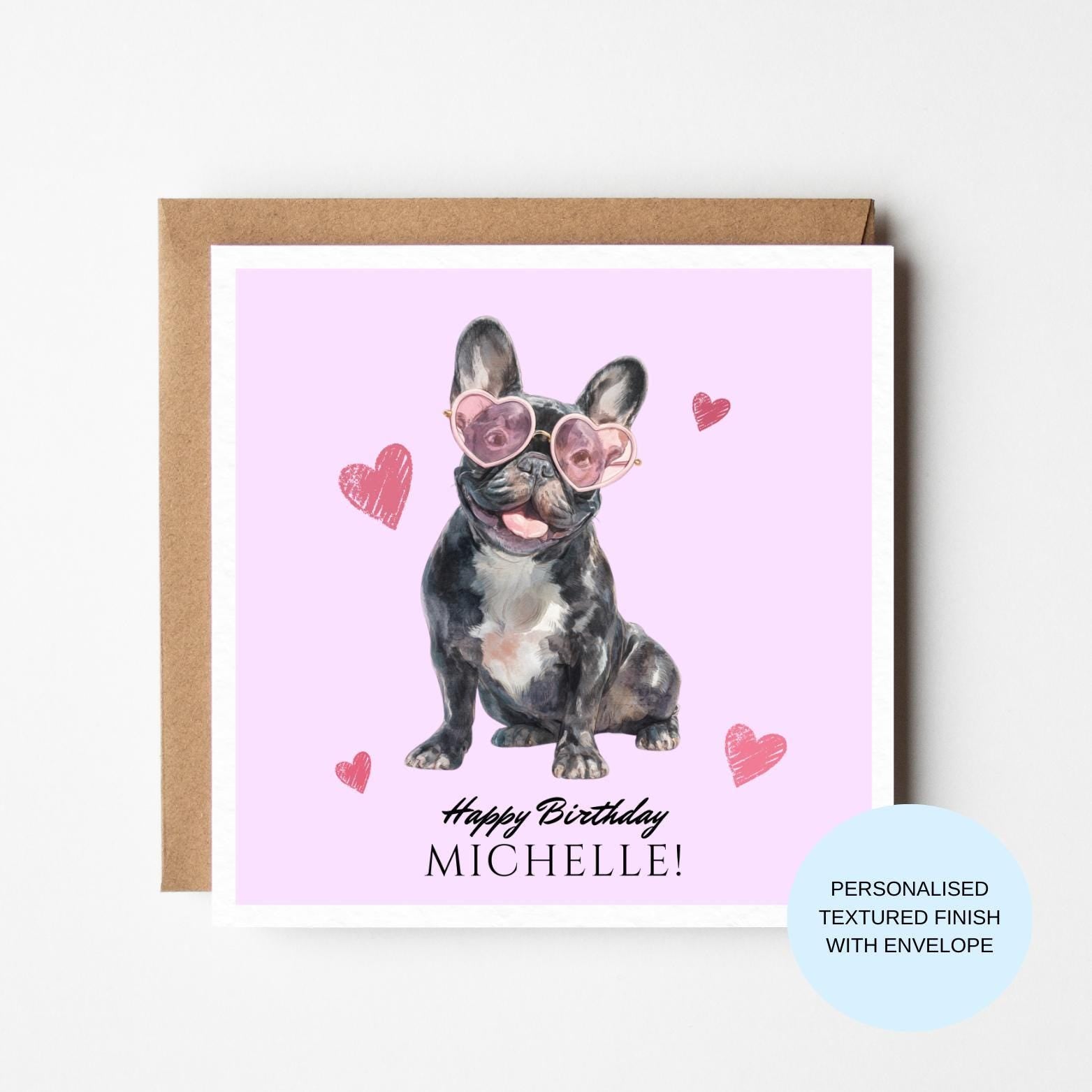 French Bulldog Birthday Card | Frenchie In Heart Glasses | Pink Hearts Cute Dog Card (No Front Text)