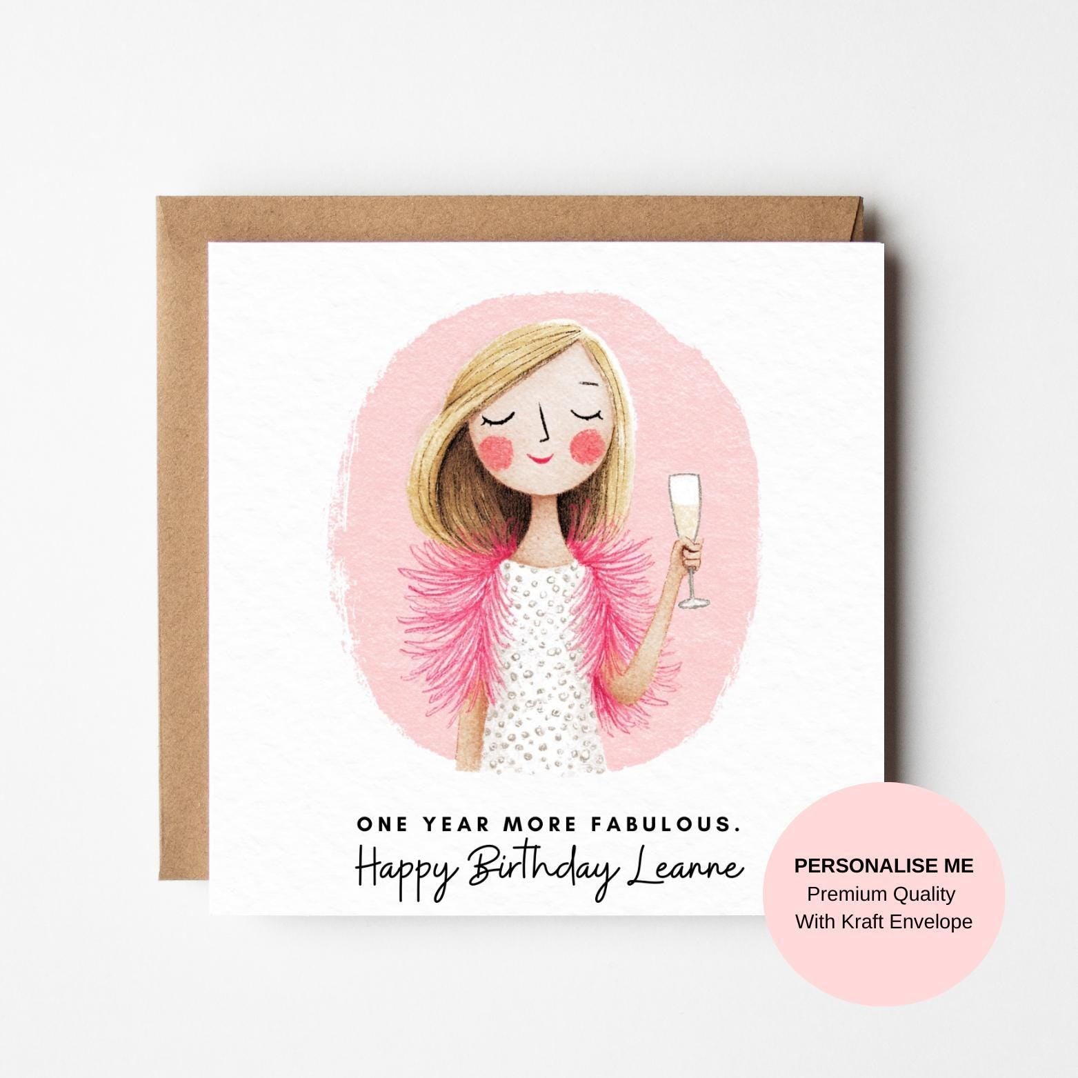 Elegant Birthday Card for Her – Illustrated Girl with Champagne