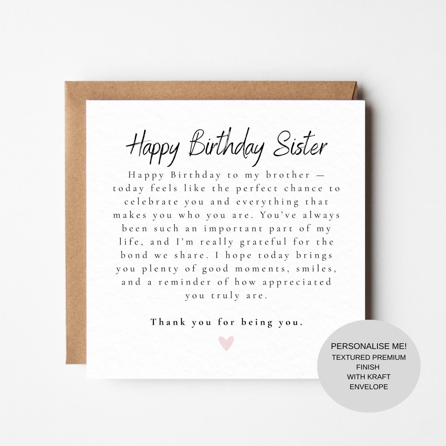 Heartfelt Sister Birthday Card | Meaningful Note | Keepsake for Her