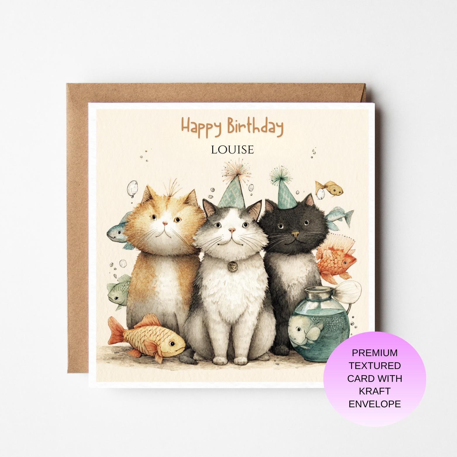 Funny Cat Birthday Card: Three Cats Party Hat Design