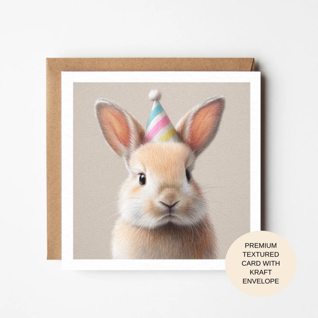 Cream Bunny Birthday Card with Party Hat | Premium Blank Animal Birthday Card for Her Mum Sister Friend