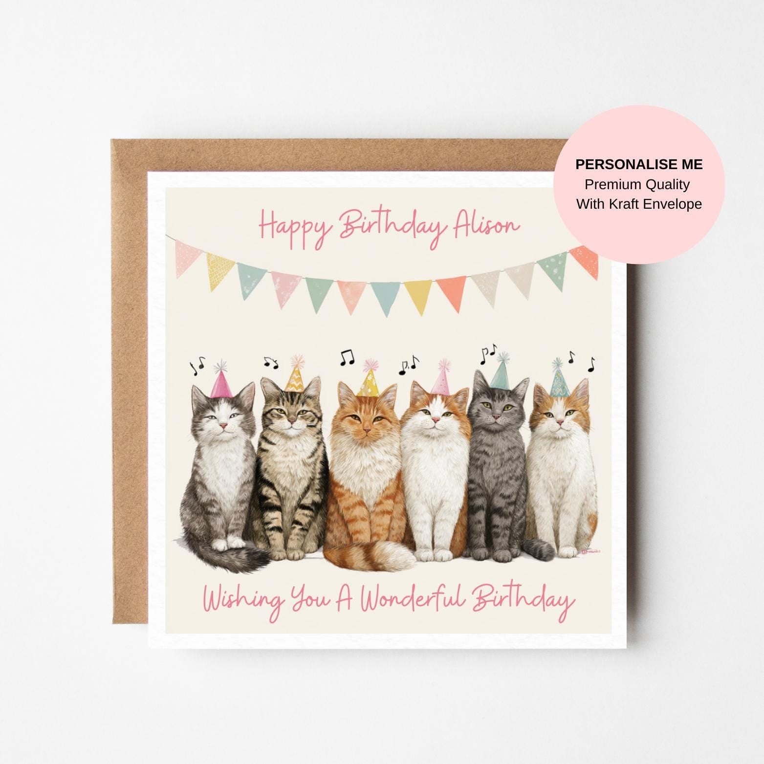Cat Lover Birthday Card, Cute Cats Wearing Party Hats (Square, Customizable)