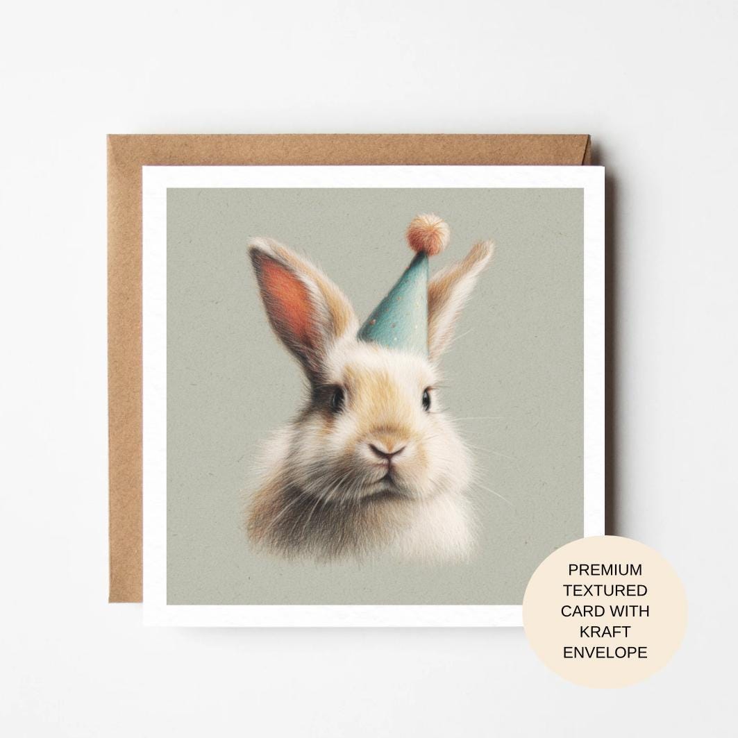 Bunny Portrait Birthday Card with Party Hat | Premium Blank Animal Birthday Card for Her Mum Sister Friend