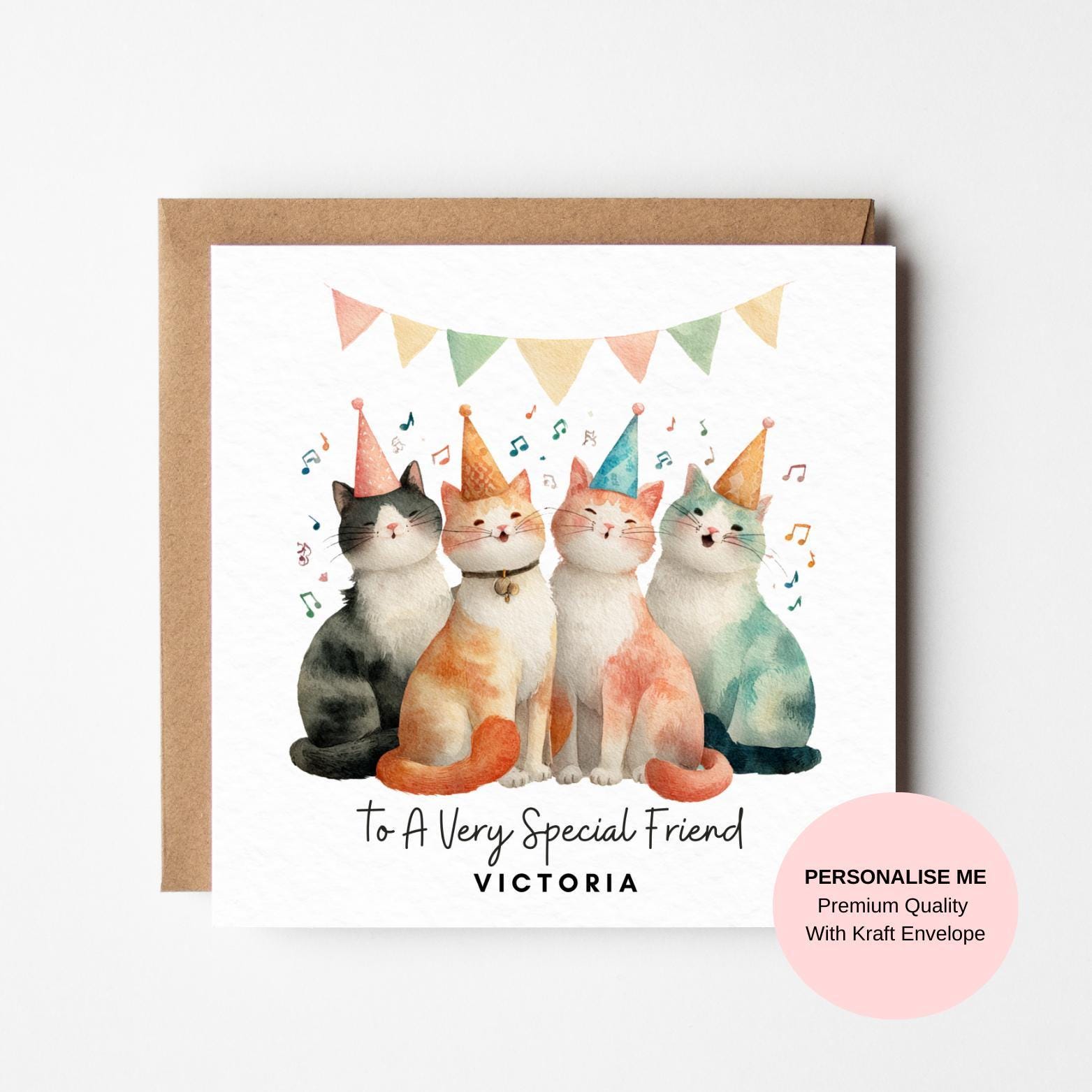 Cute Cat Birthday Card: Four Cats with Party Hats Design