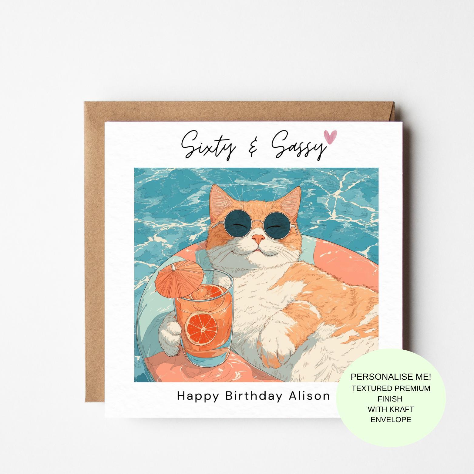 60th Birthday Card for Her Funny – Sixty and Sassy Cat Birthday Card