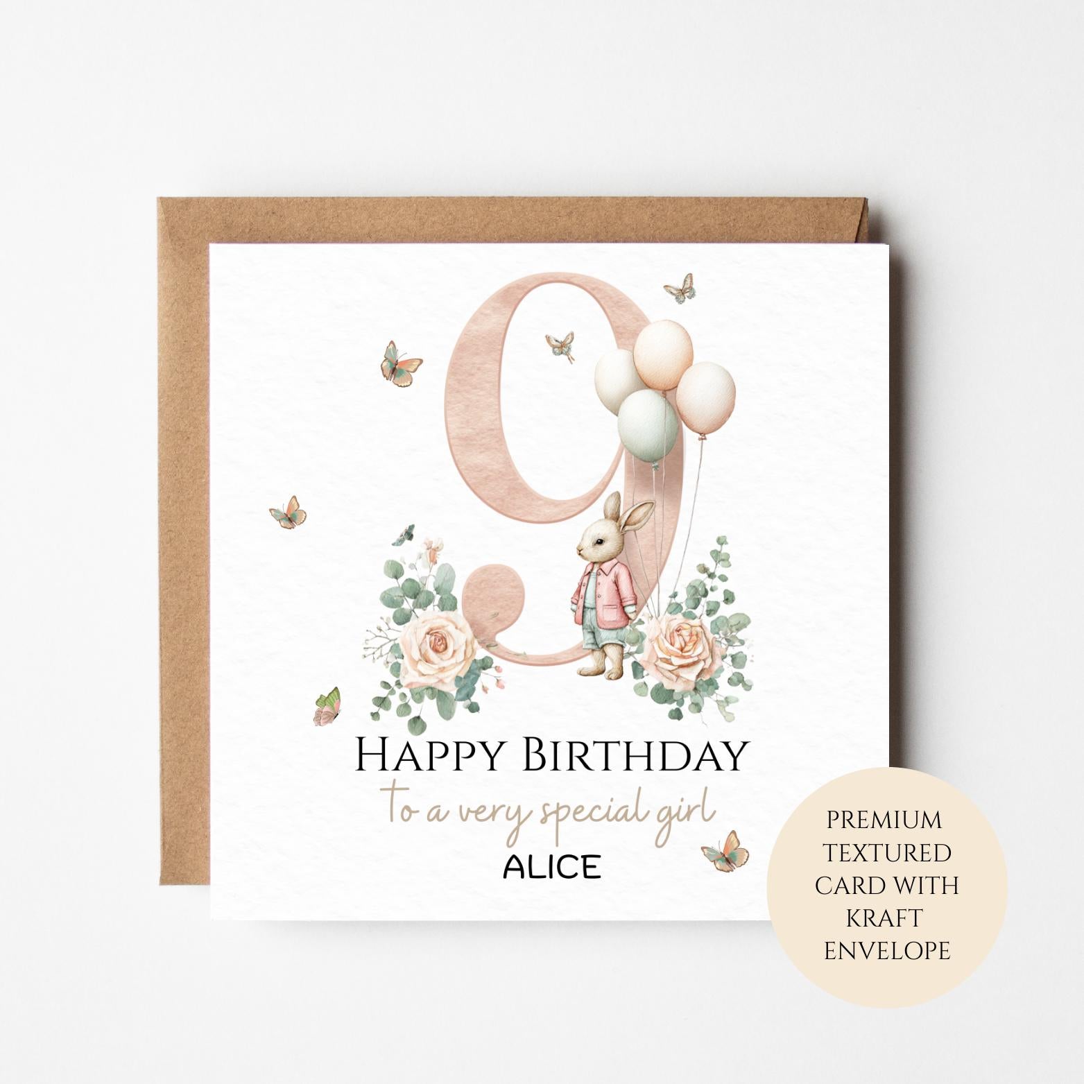 Personalised 9th Birthday Card for Girl, Bunny & Balloons, 9th Birthday Card, Custom Name