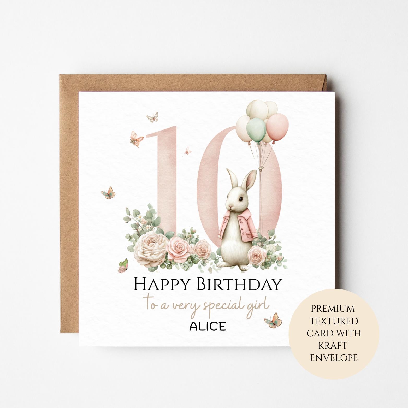 Personalised 10th Birthday Card for Girl, Bunny & Balloons, 10th Birthday Card, Custom Name