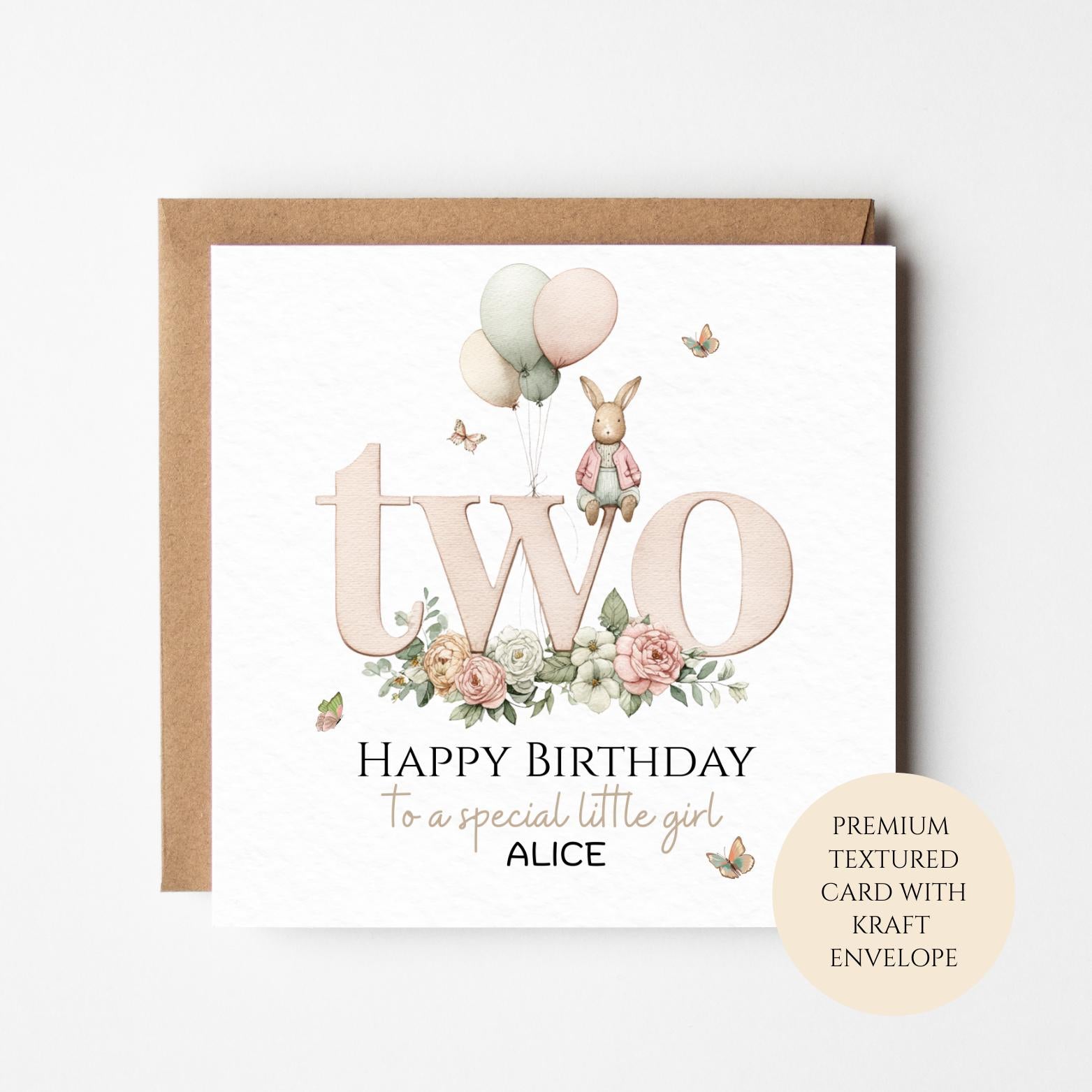 Personalised 2nd Birthday Card for Girl, Bunny & Balloons, Two Birthday Card, Custom Name