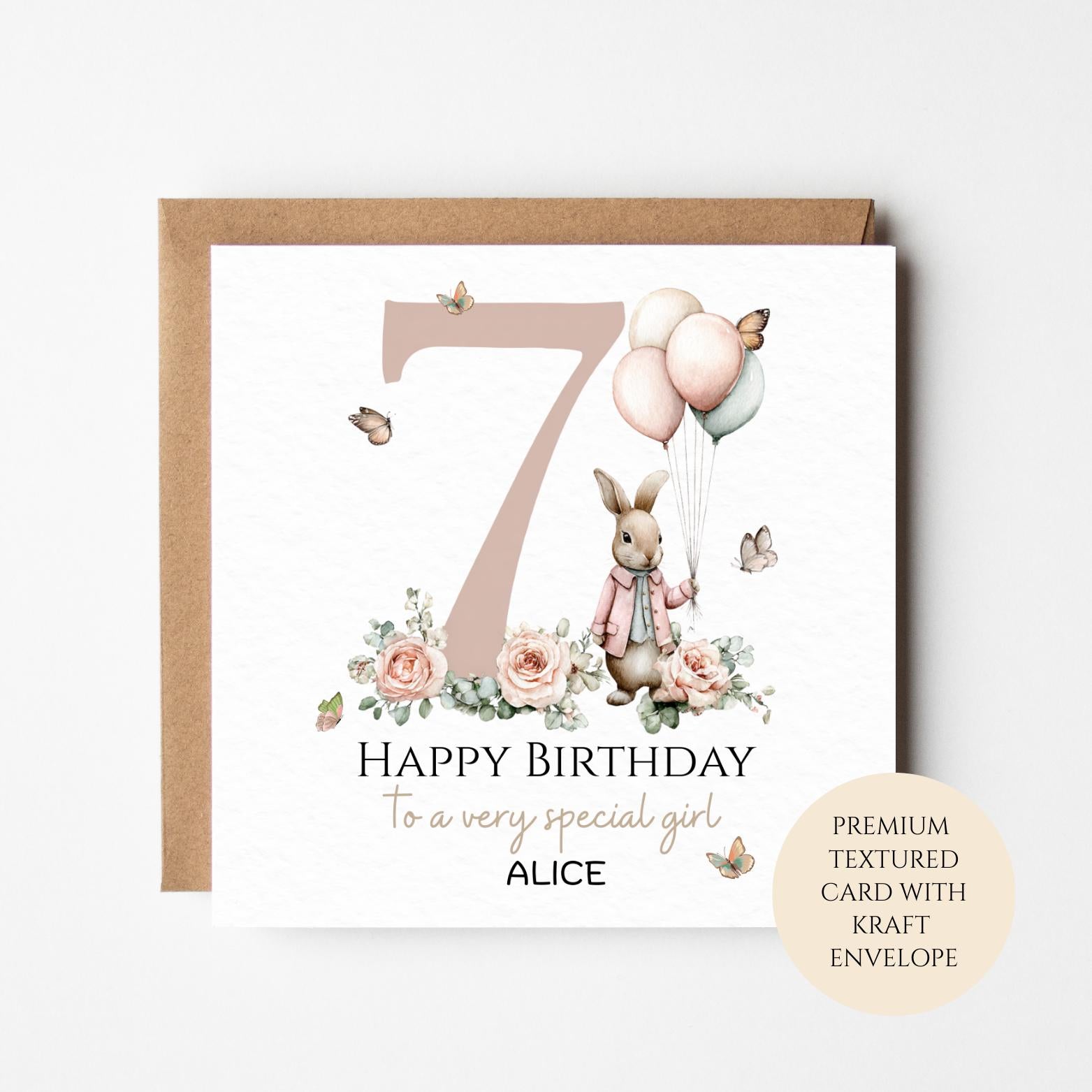 Personalised 7th Birthday Card for Girl, Bunny & Balloons, Seven Birthday Card, Custom Name