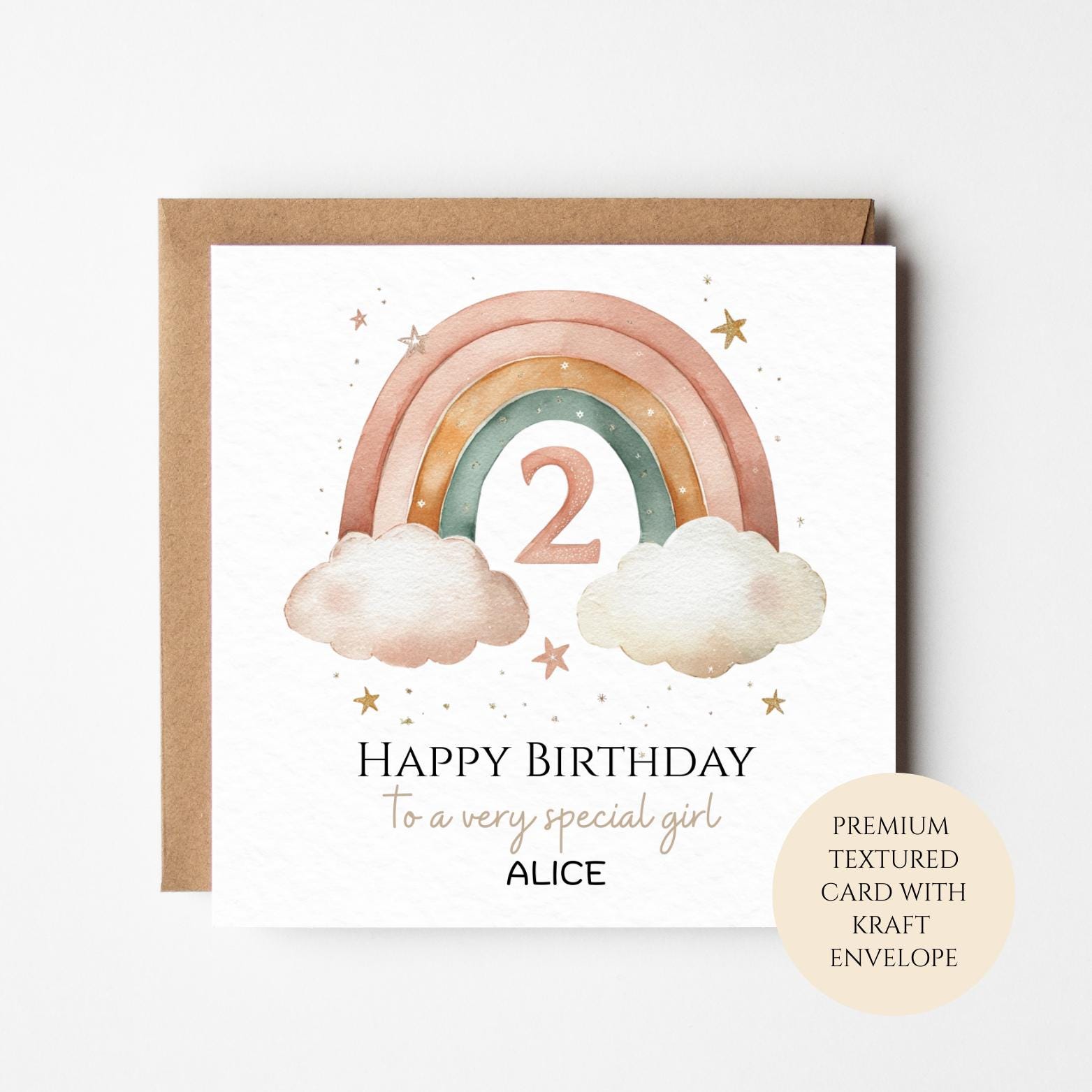 Personalised Girls Birthday Card, Premium Textured Card with Kraft Envelope, Custom Name