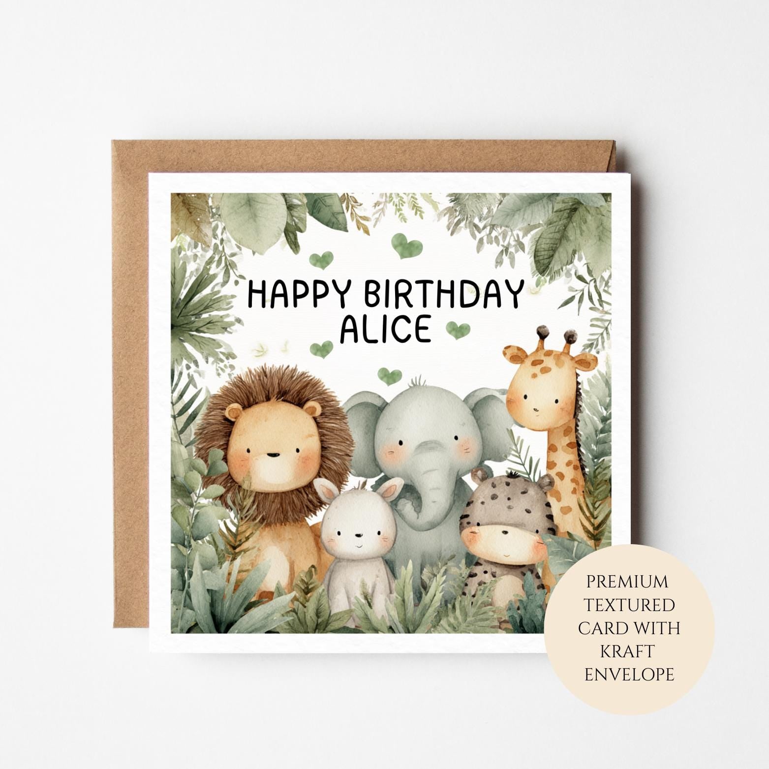 Personalised Girls Birthday Card, Jungle Animals Foliage, Cute Lion Elephant Giraffe, Custom Name