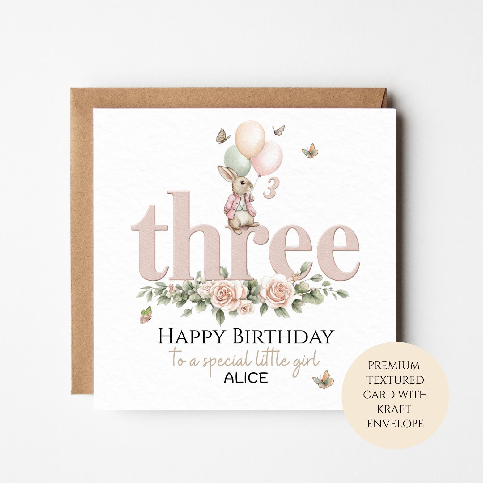 Personalised 3rd Birthday Card for Girl, Bunny & Balloons, Three Birthday Card, Custom Name