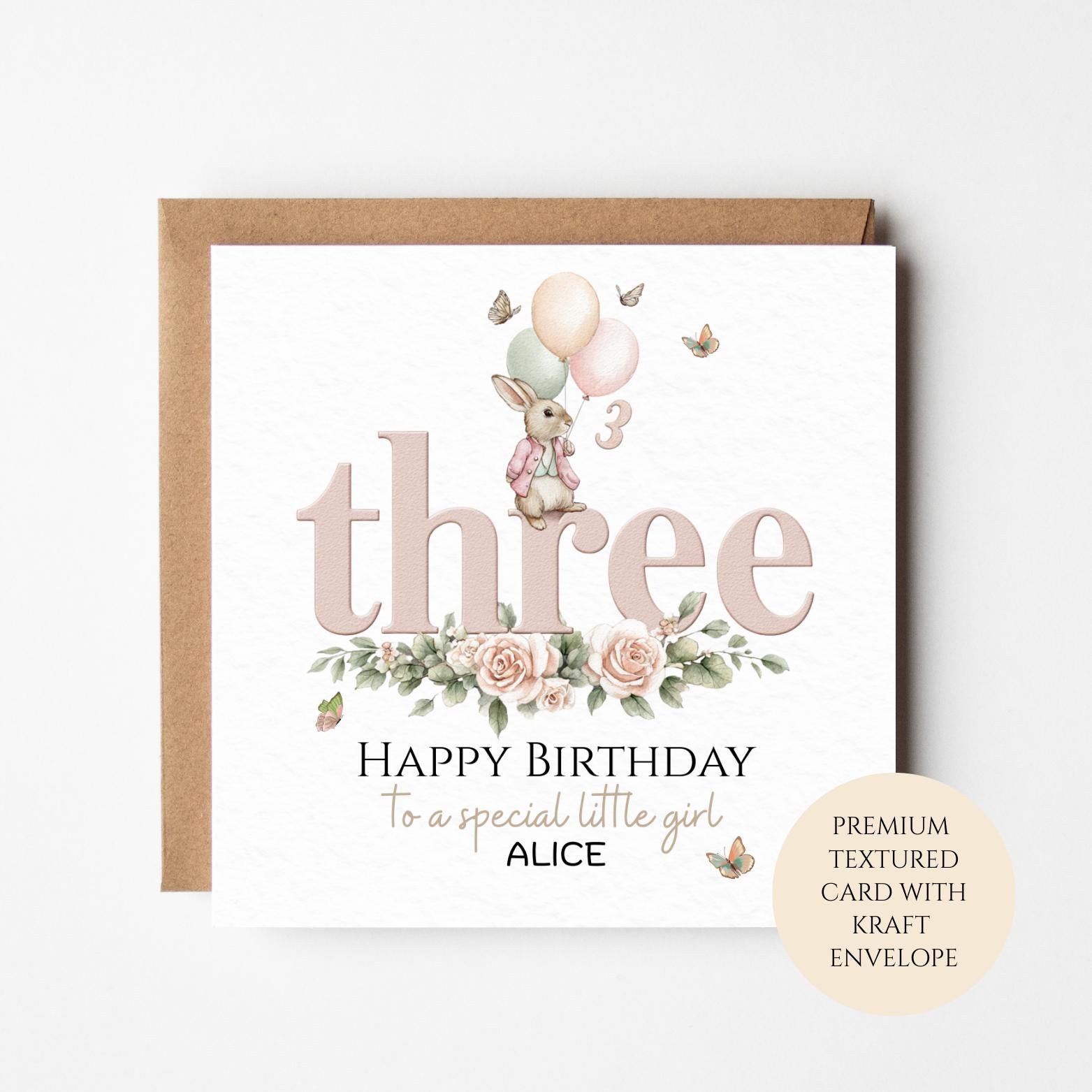 Personalised 3rd Birthday Card for Girl, Bunny & Balloons, Three Birthday Card, Custom Name