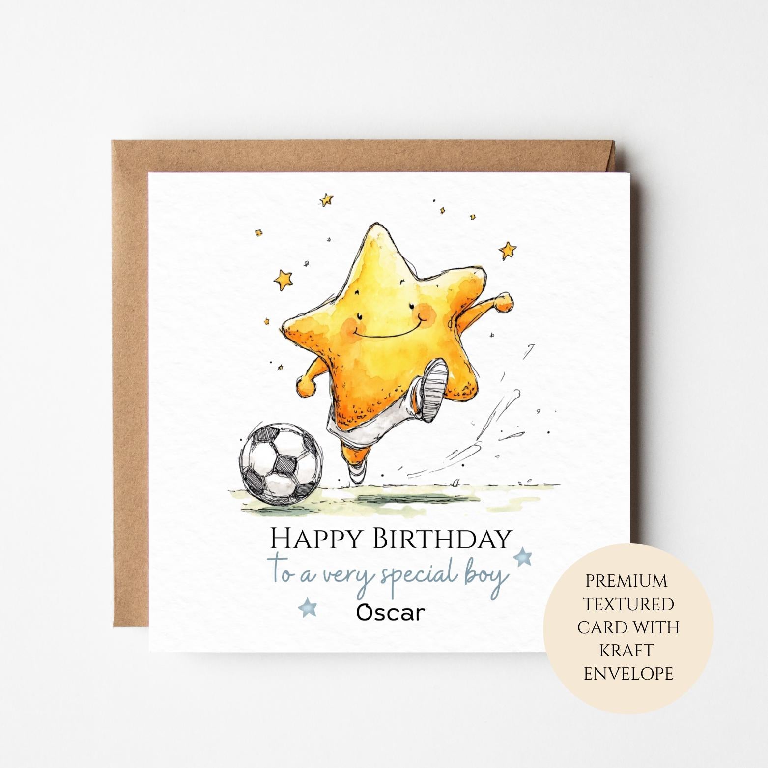 Personalised Boys Birthday Card, Star Character with Football, Custom Name