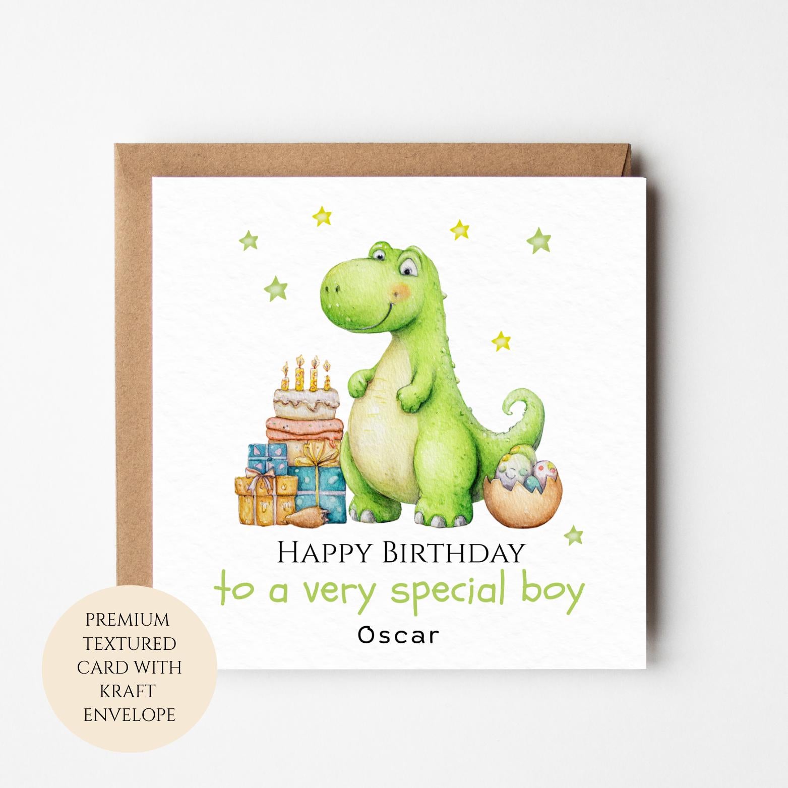 Personalised Boys Birthday Card, Dinosaur with Cake and Presents, Custom Name