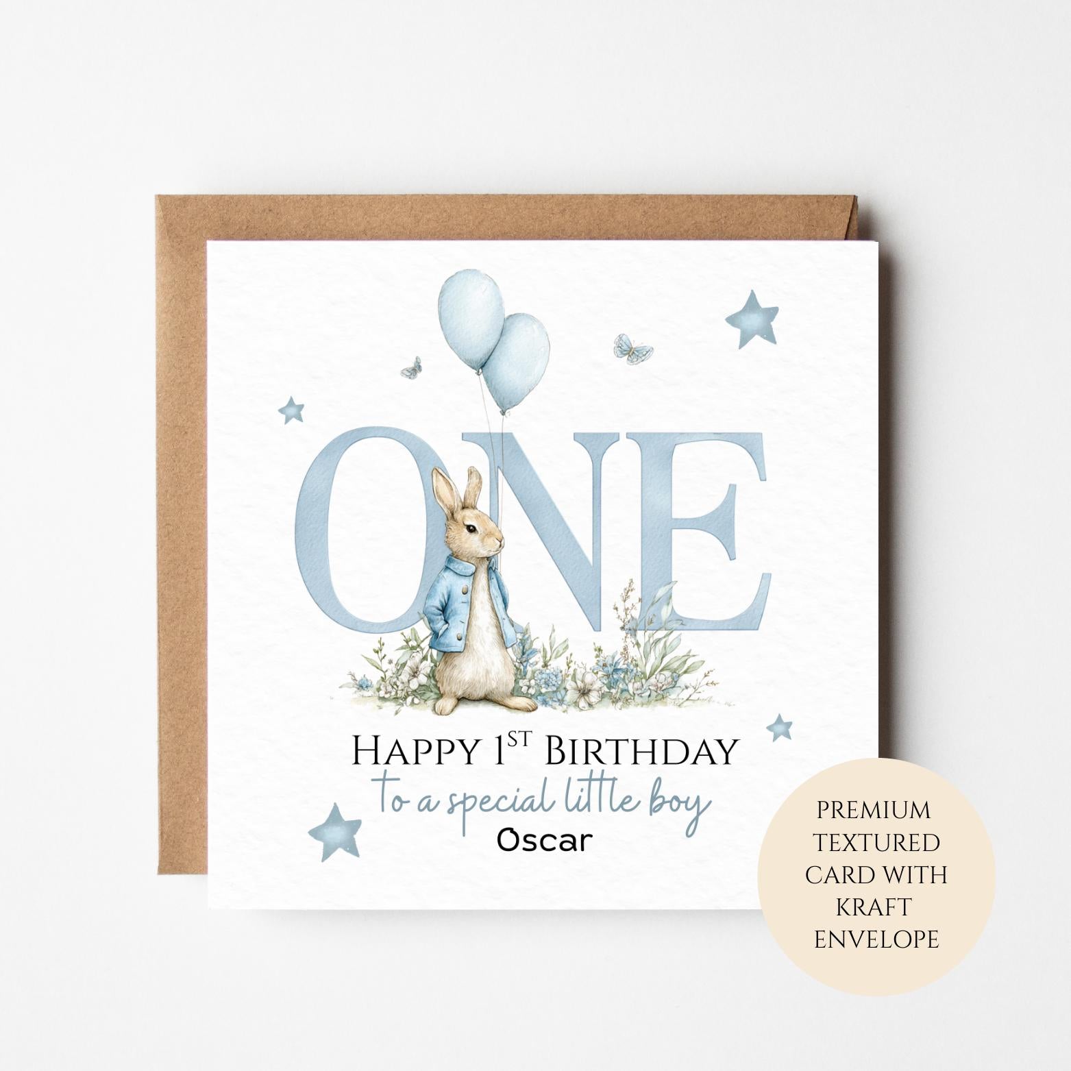 Personalised 1st Birthday Card for Boy, Bunny & Balloons, One Birthday Card, Custom Name