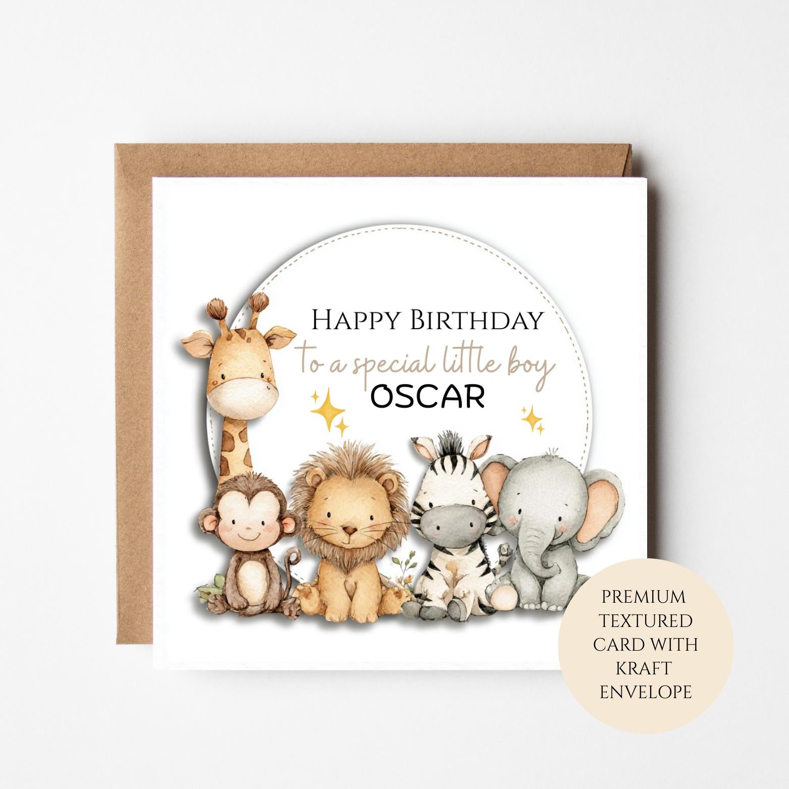 Personalised Boys Birthday Card, Safari Animals Wreath, Custom Name