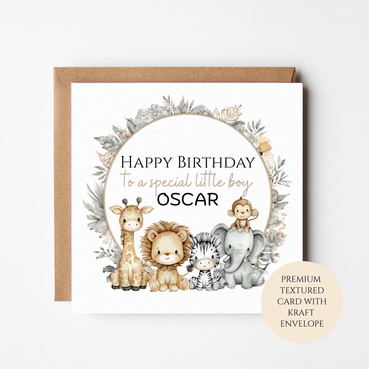 Personalised Boys Birthday Card, Cute Safari Animals Group, Custom Name
