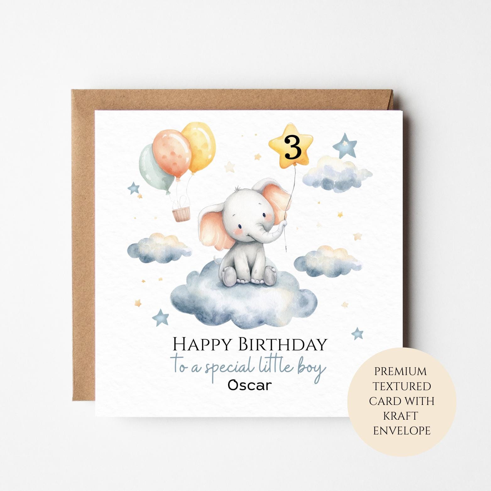 Personalised 3rd Birthday Card for Boy, Elephant on Clouds with Balloons, Custom Name