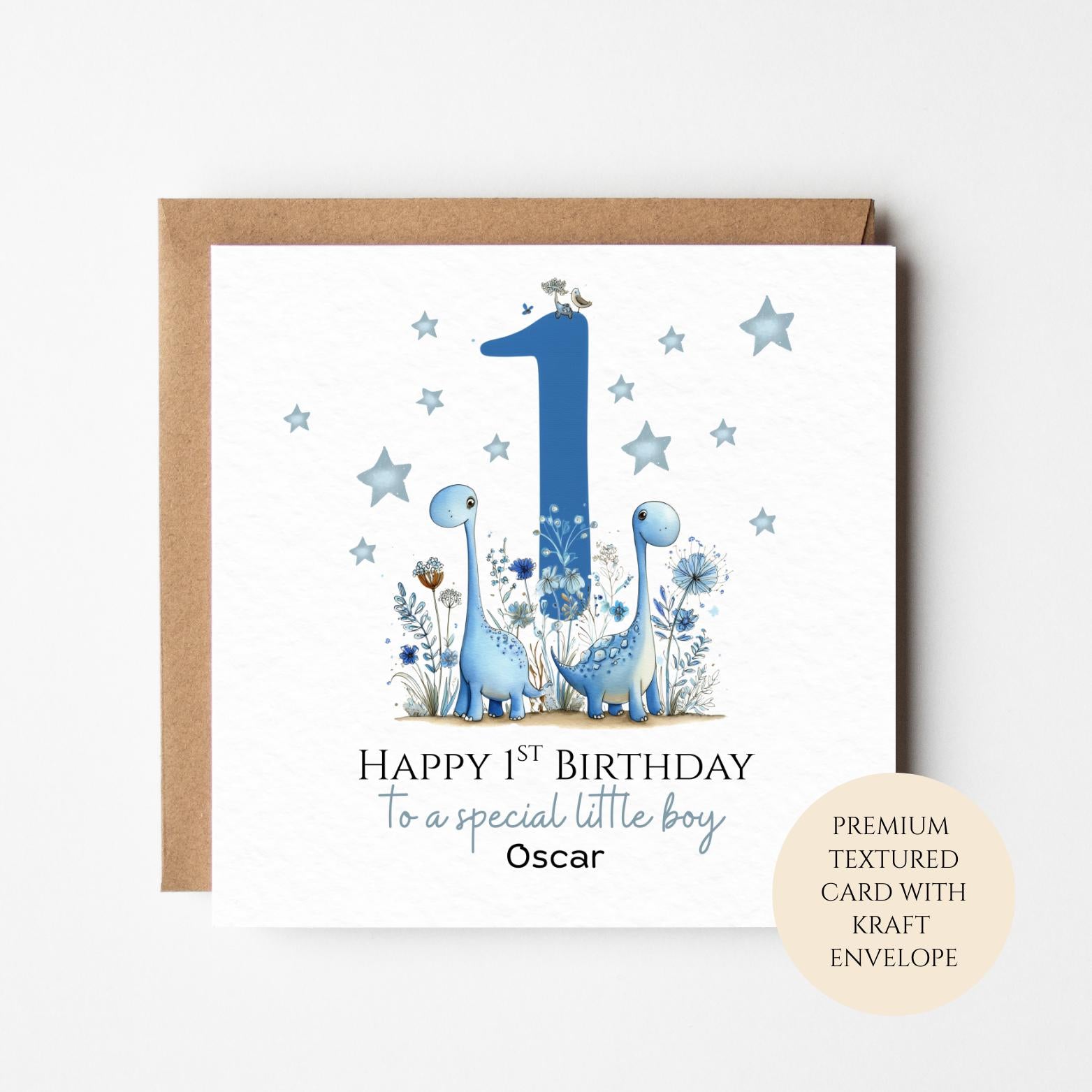 Personalised 1st Birthday Card for Boy, Blue Dinosaur Number One, Custom Name