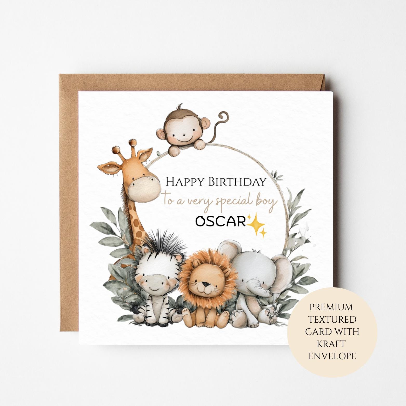 Personalised Boys Birthday Card, Safari Animals Circle Frame, Custom Name