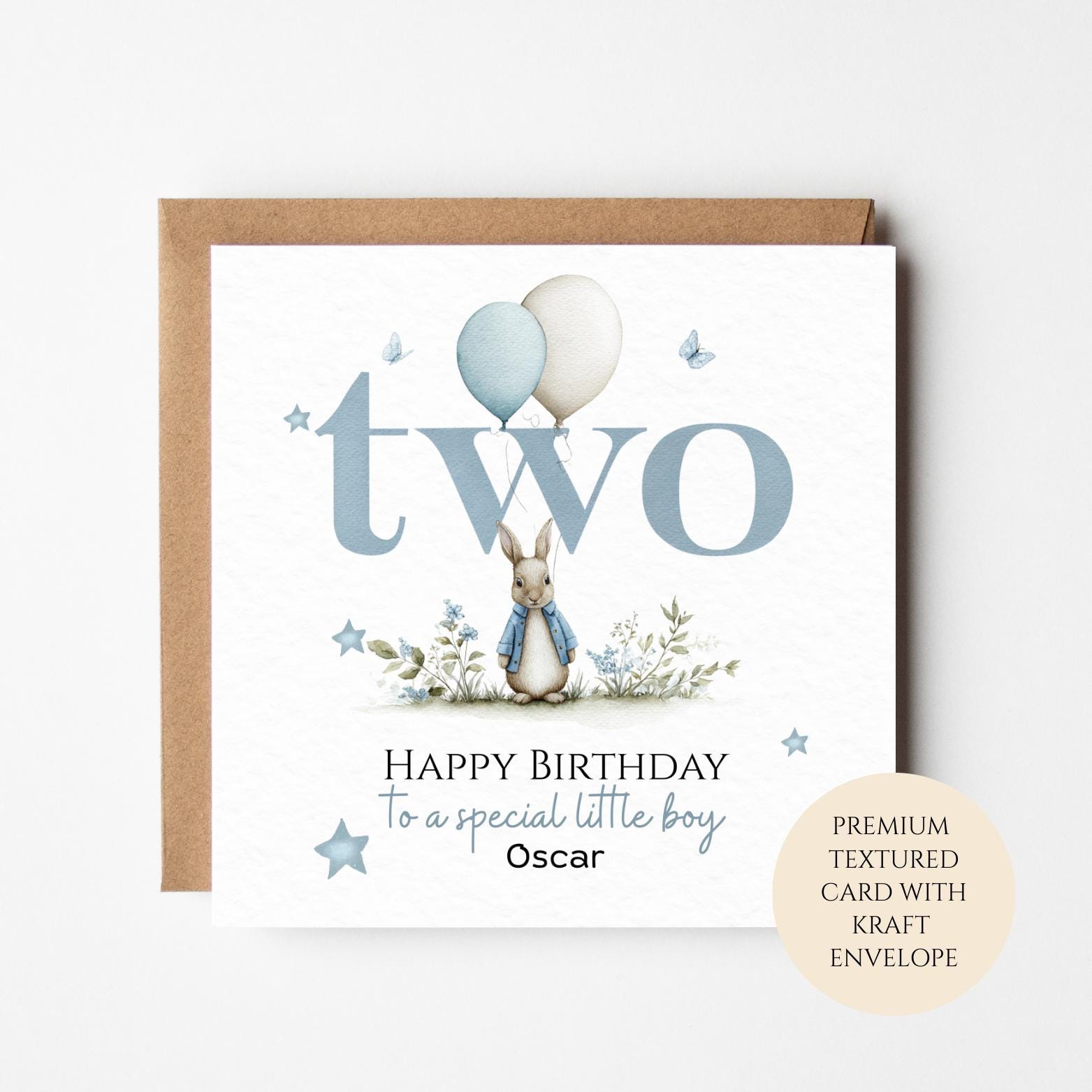 Personalised 2nd Birthday Card for Boy, Bunny & Balloons, Two Birthday Card, Custom Name