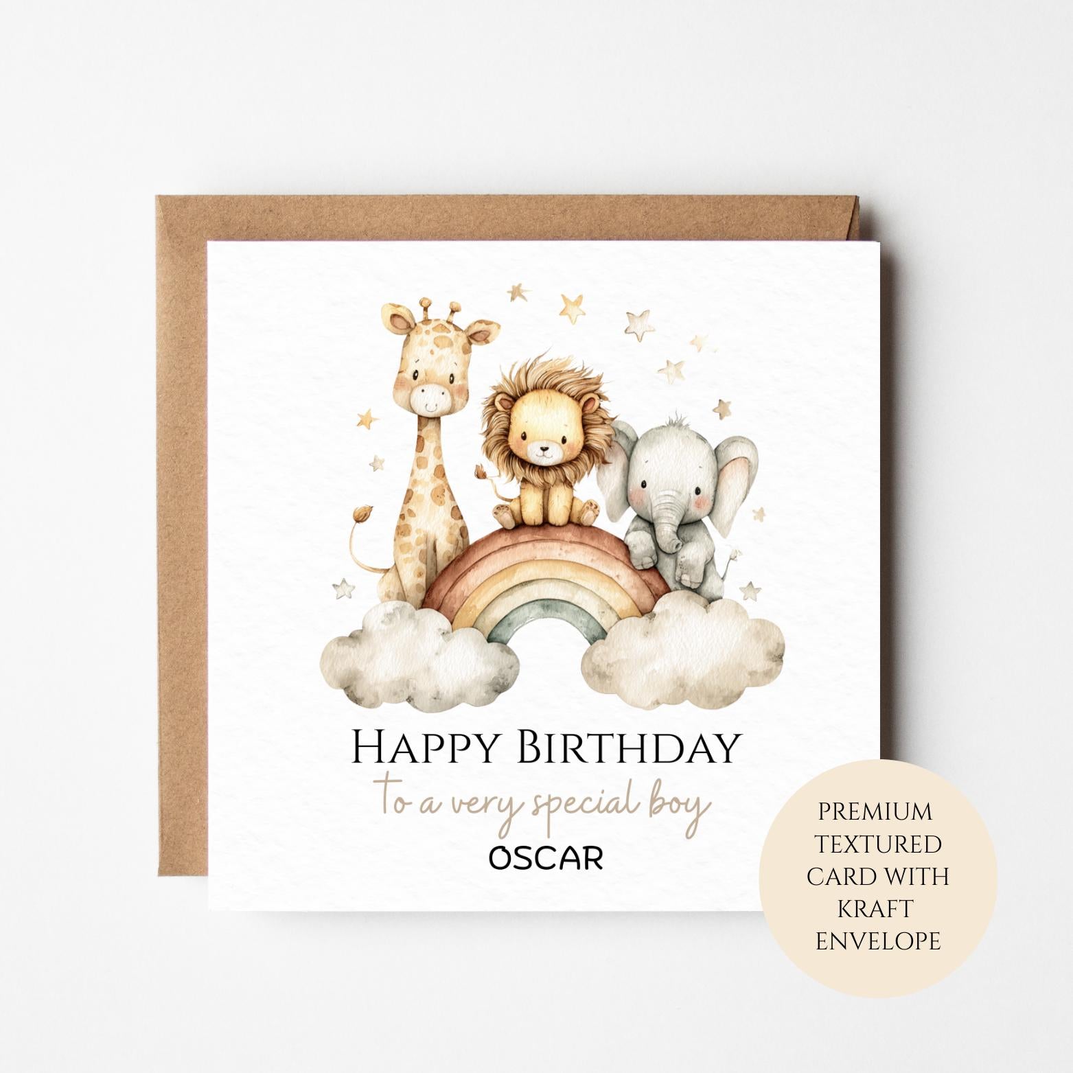 Personalised Boys Birthday Card, Safari Animals Cloud Sky, Custom Name