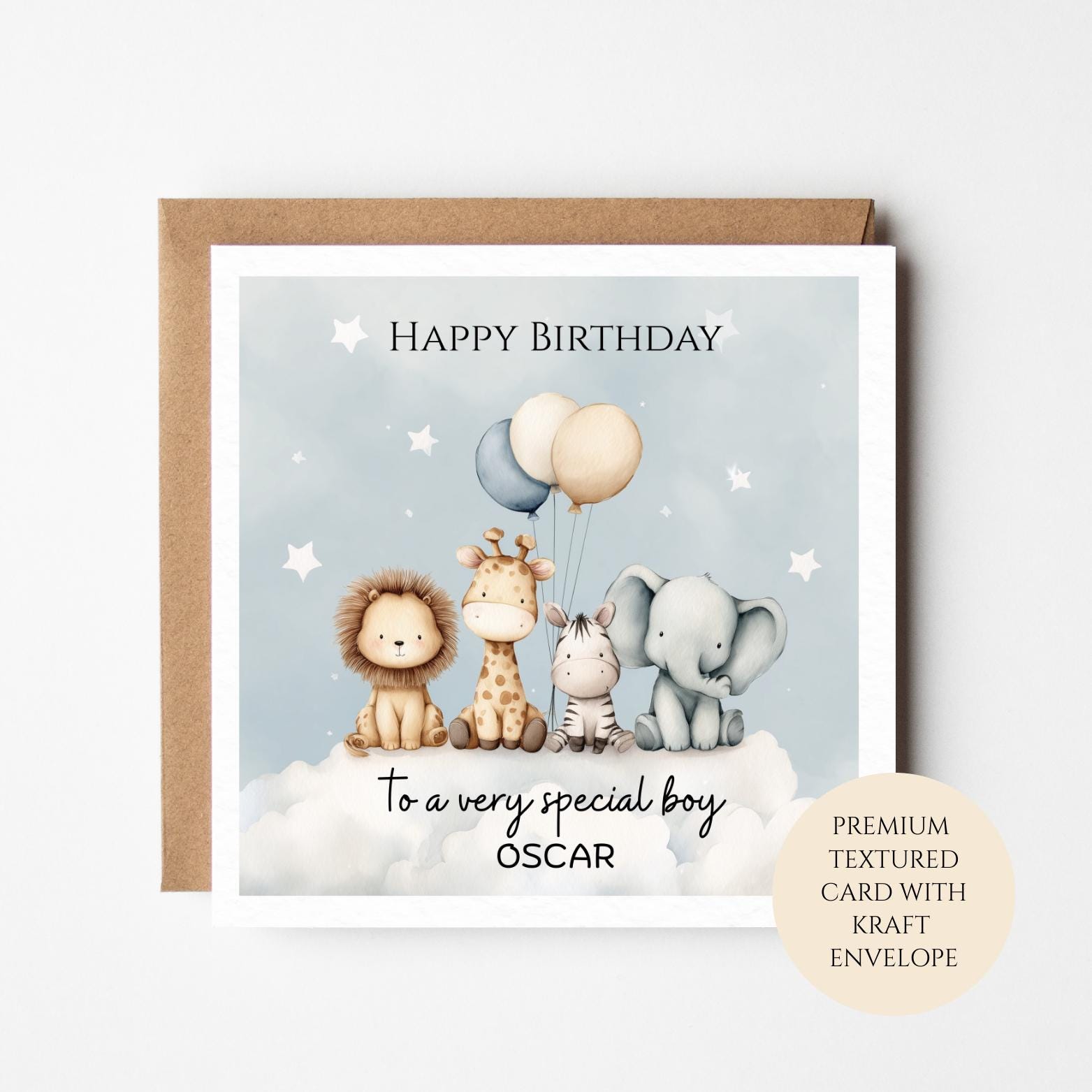 Personalised Boys Birthday Card, Safari Animals on Clouds, Custom Name