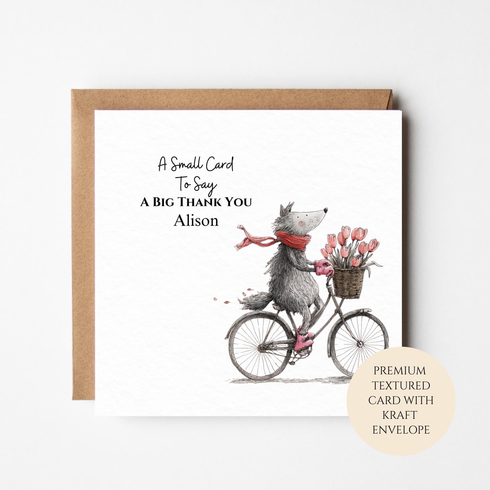 Personalised Mouse Bicycle Thank You Card for Friend Neighbour Teacher or Colleague – Tulip Basket