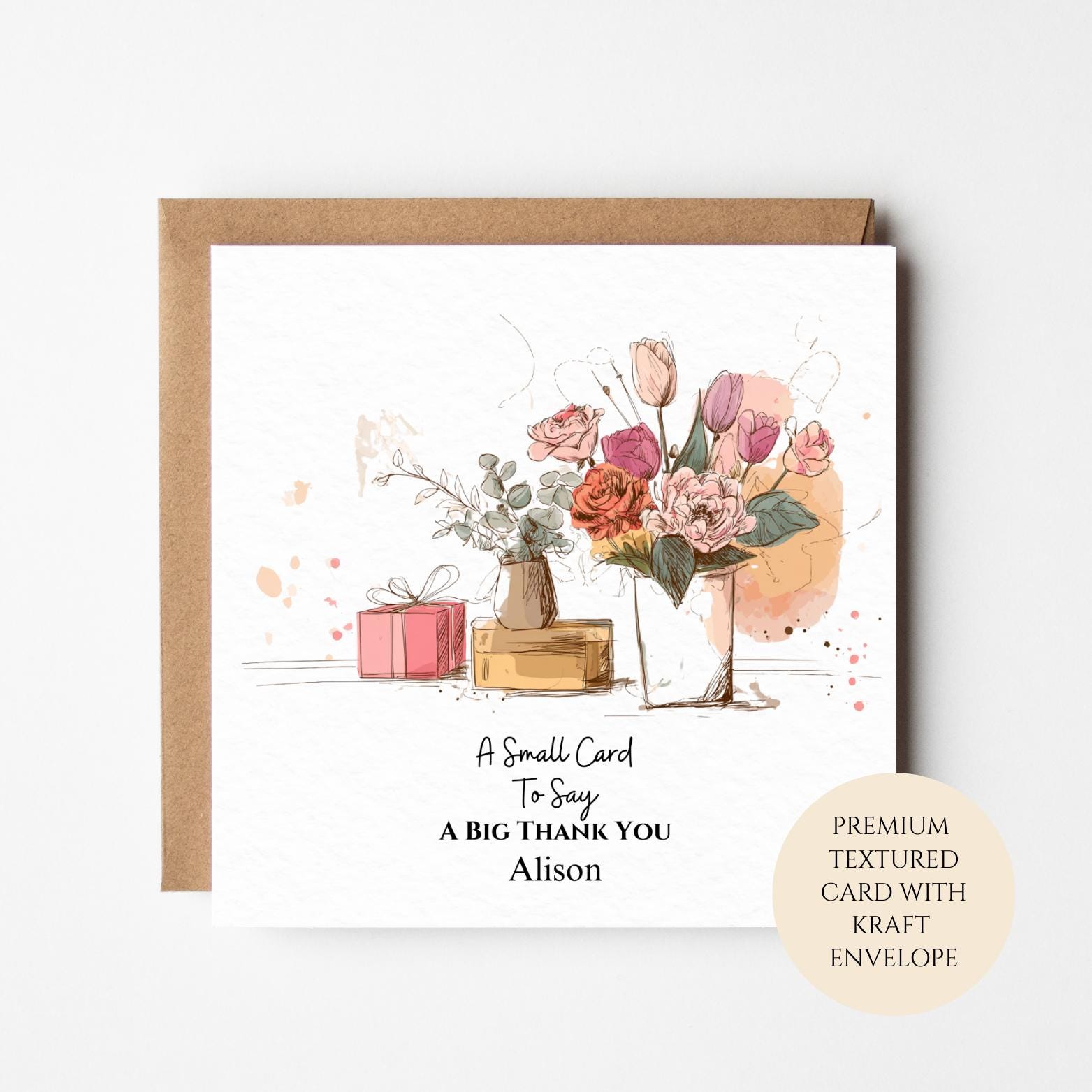 Personalised Thank You Flower Card for Friend Neighbour Teacher or Colleague – Gift & Vase Arrangement
