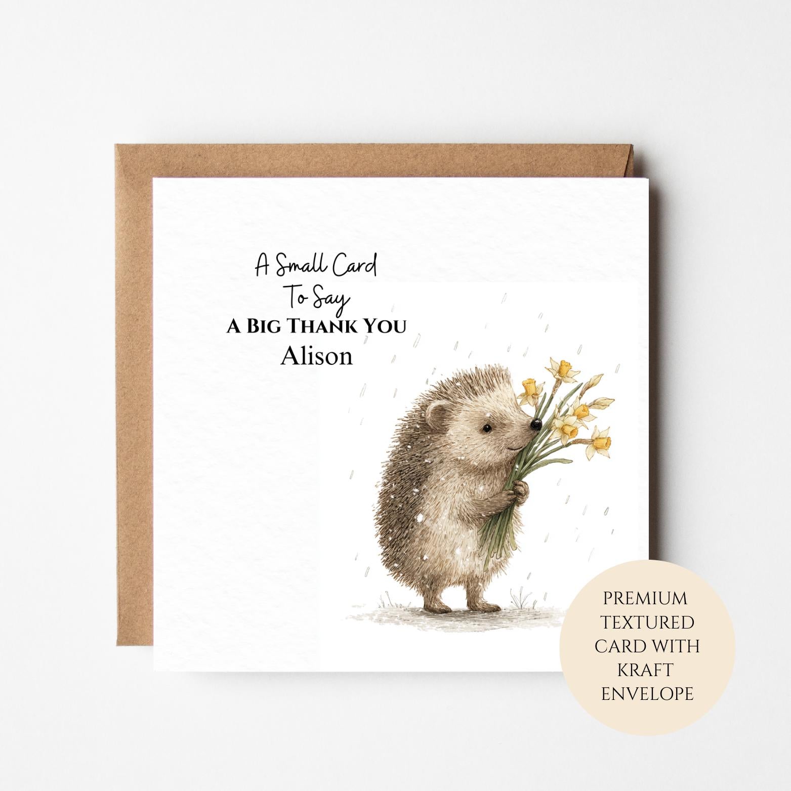 Personalised Hedgehog Thank You Card for Friend Neighbour Teacher or Colleague – Holding Flowers