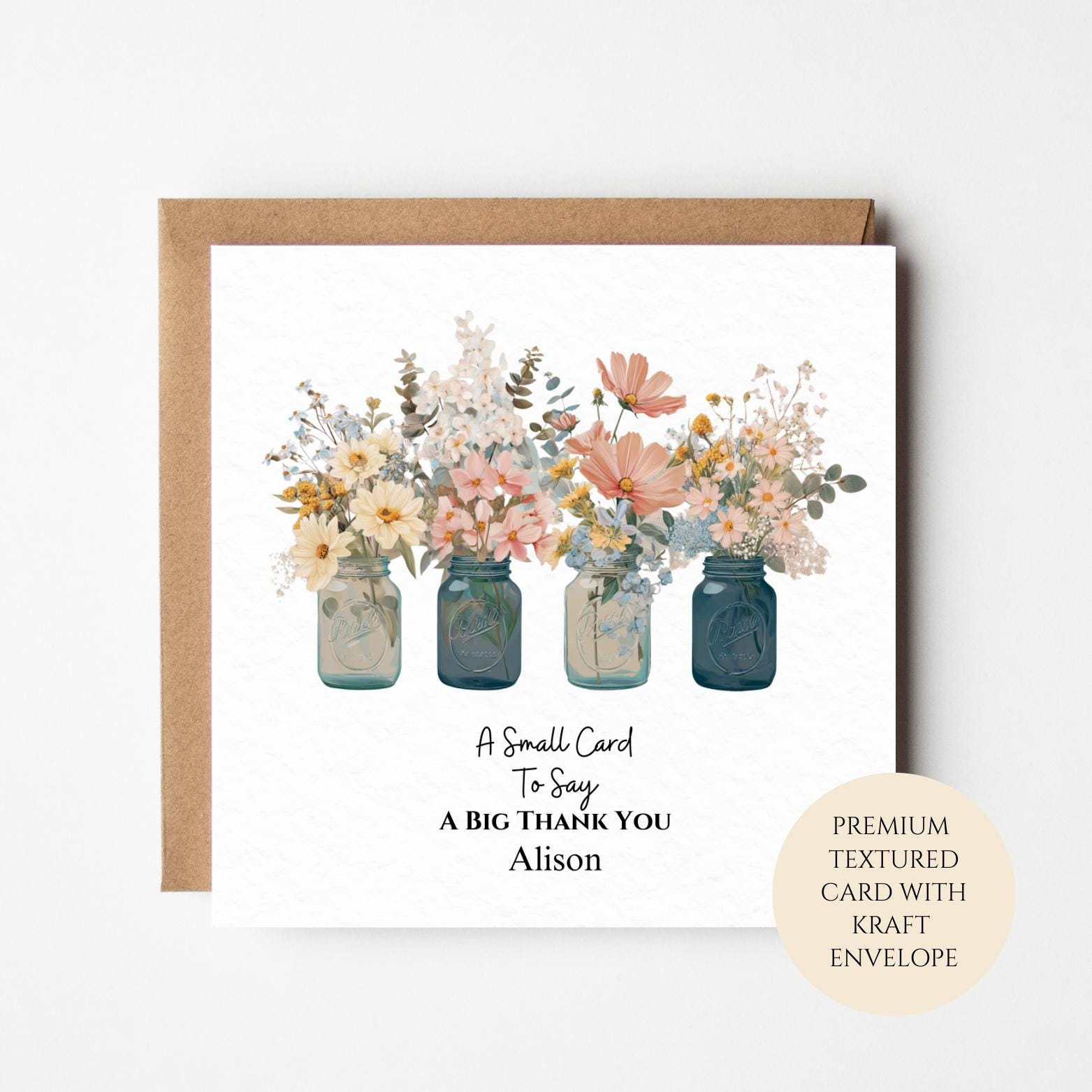Personalised Mason Jar Wildflower Thank You Card for Friend Neighbour Teacher or Colleague – Four Jars