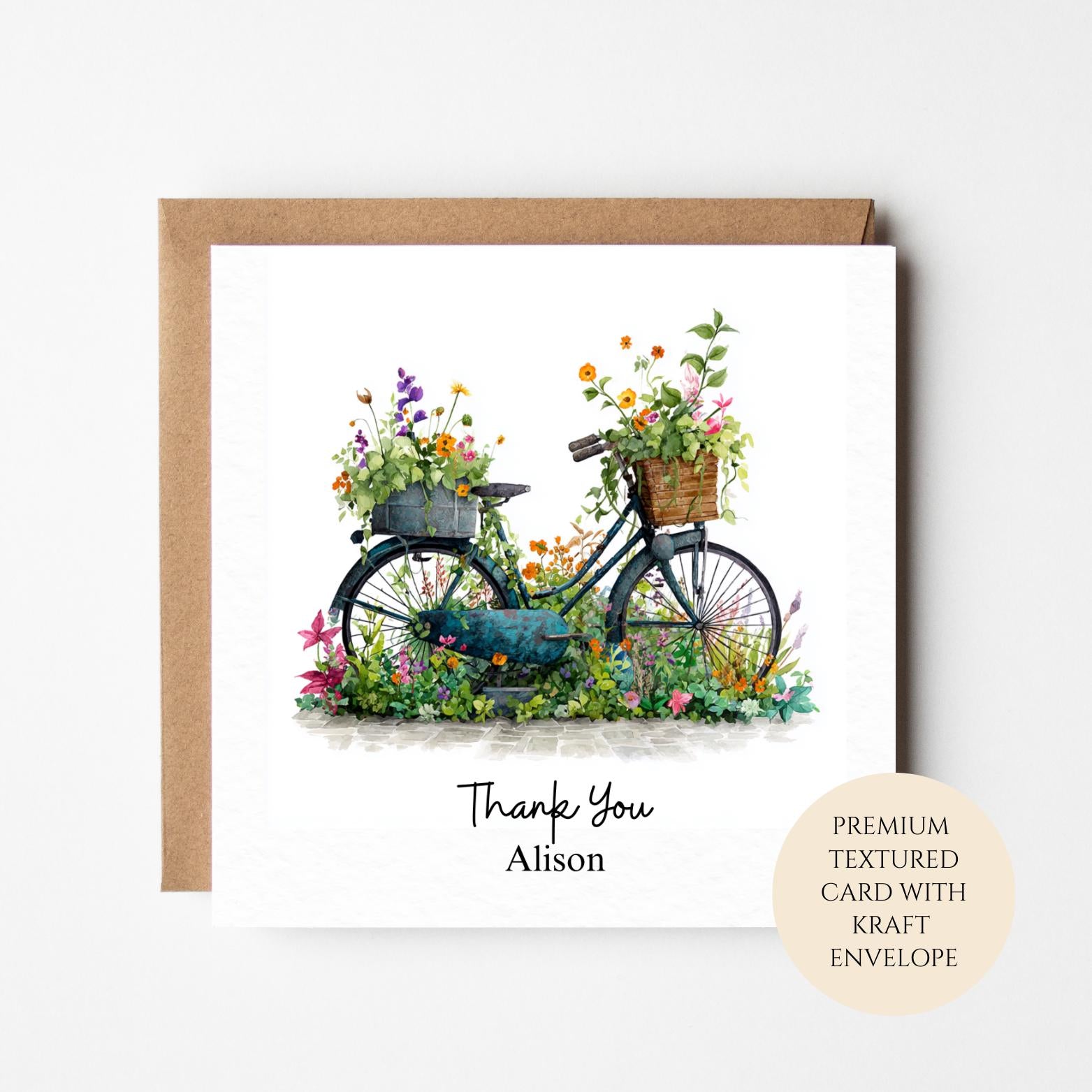 Personalised Garden Bicycle Thank You Card for Friend Neighbour Teacher or Colleague – Flower Filled Bike
